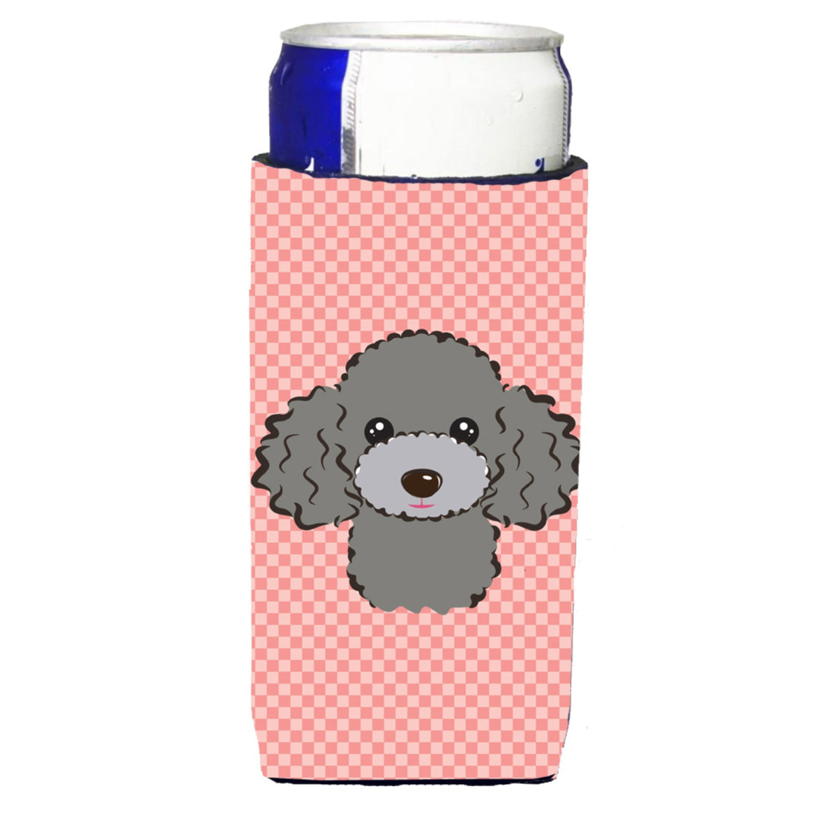 Checkerboard Pink Silver Gray Poodle Ultra Beverage Insulators For Slim Cans