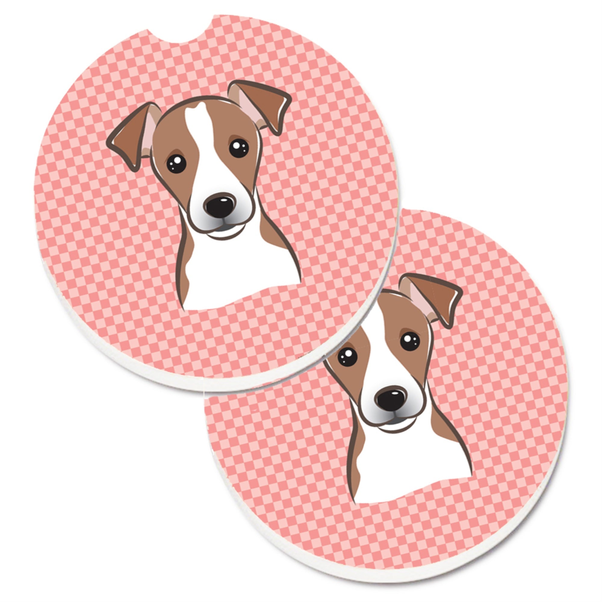 Caroline'S Treasures Checkerboard Pink Jack Russell Terrier Set Of 2 Cup Holder Car Coasters Bb1260Carc, 2.56, Multicolor
