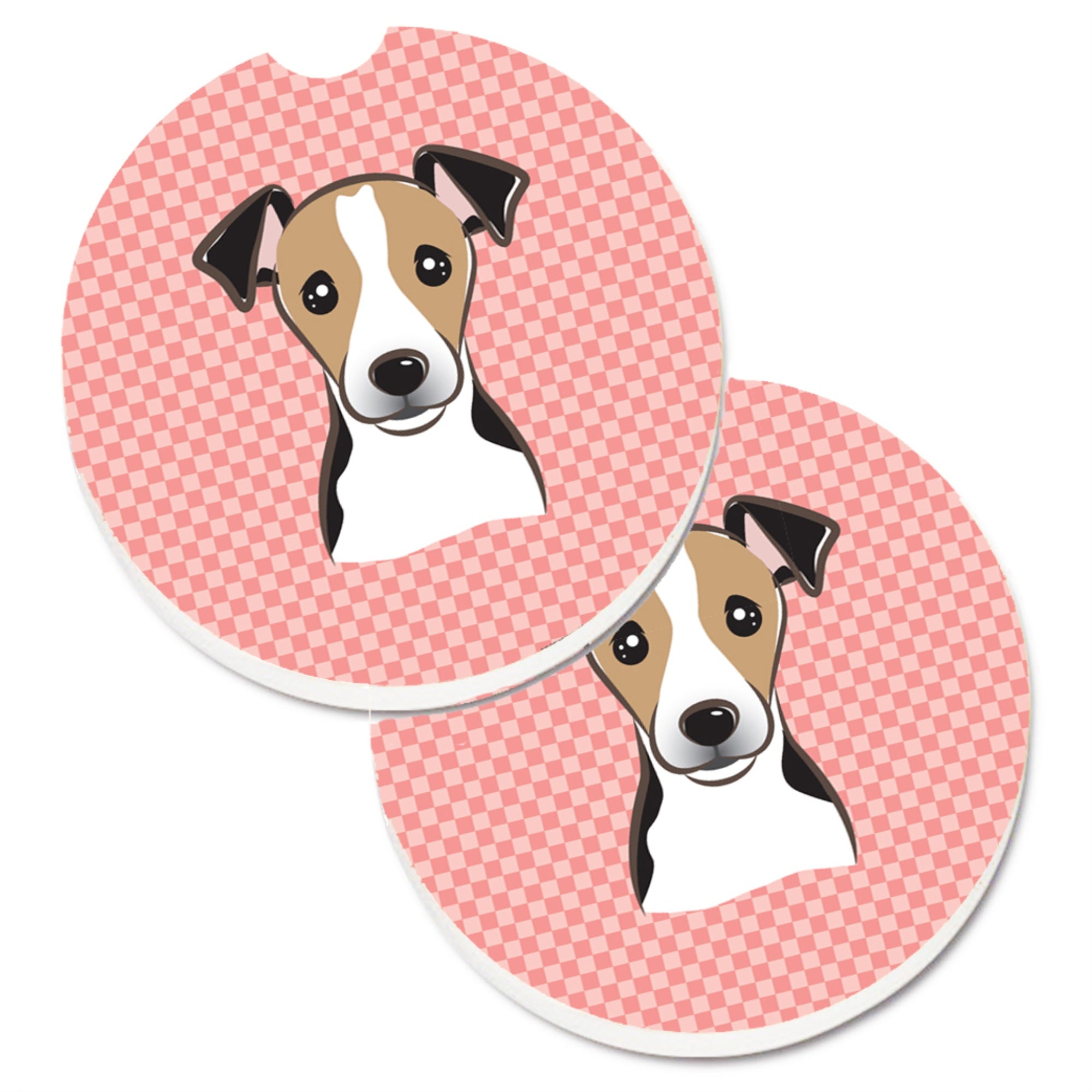 Caroline'S Treasures Checkerboard Pink Jack Russell Terrier Set Of 2 Cup Holder Car Coasters Bb1261Carc, 2.56, Multicolor