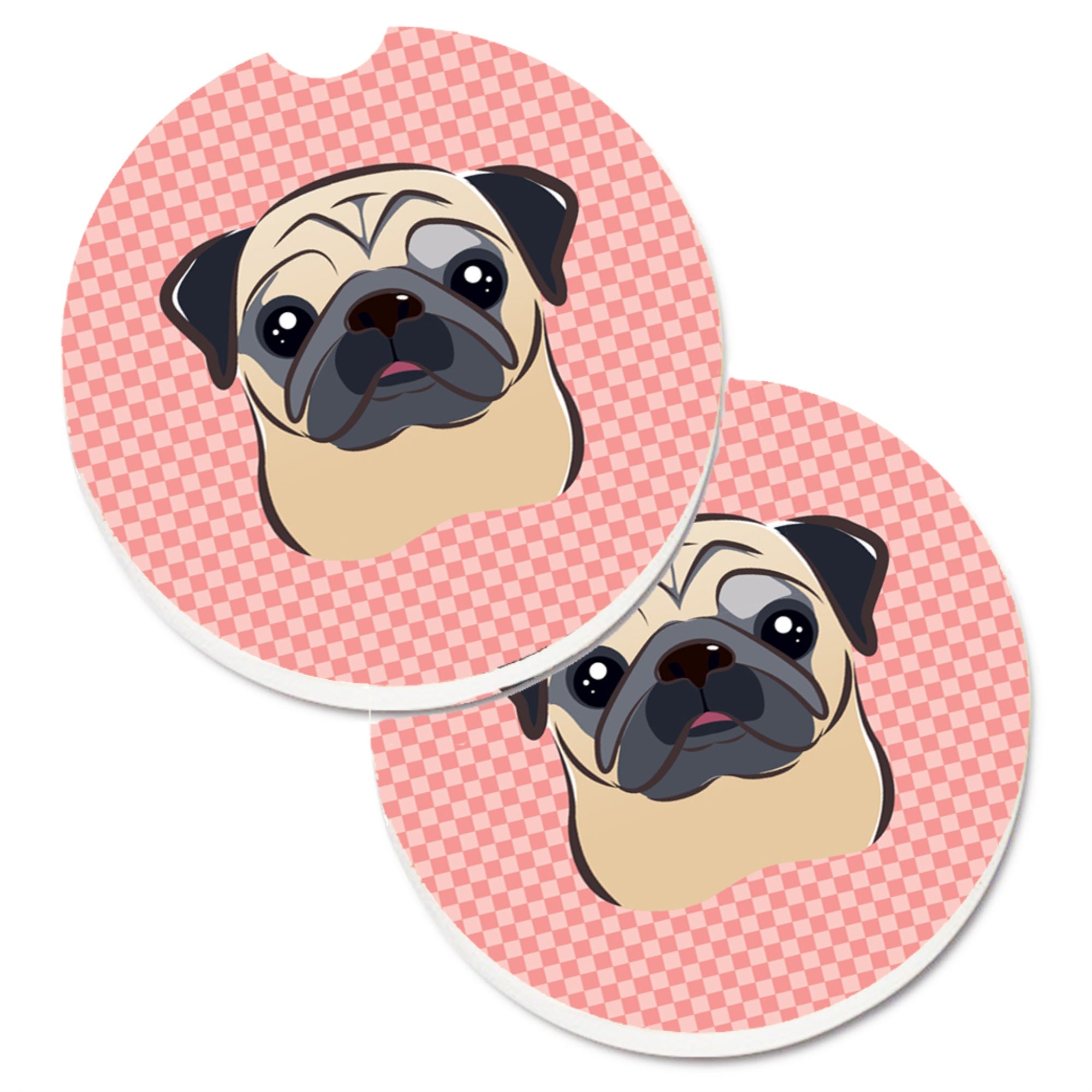 Caroline'S Treasures Checkerboard Pink Fawn Pug Set Of 2 Cup Holder Car Coasters Bb1262Carc, 2.56, Multicolor