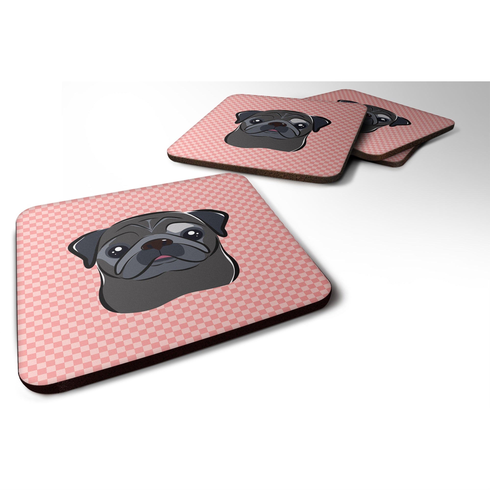 Caroline'S Treasures Bb1263Fc Checkerboard Pink Black Pug Foam Coaster (Set Of 4), 3.5 H X 3.5 W, Multicolor