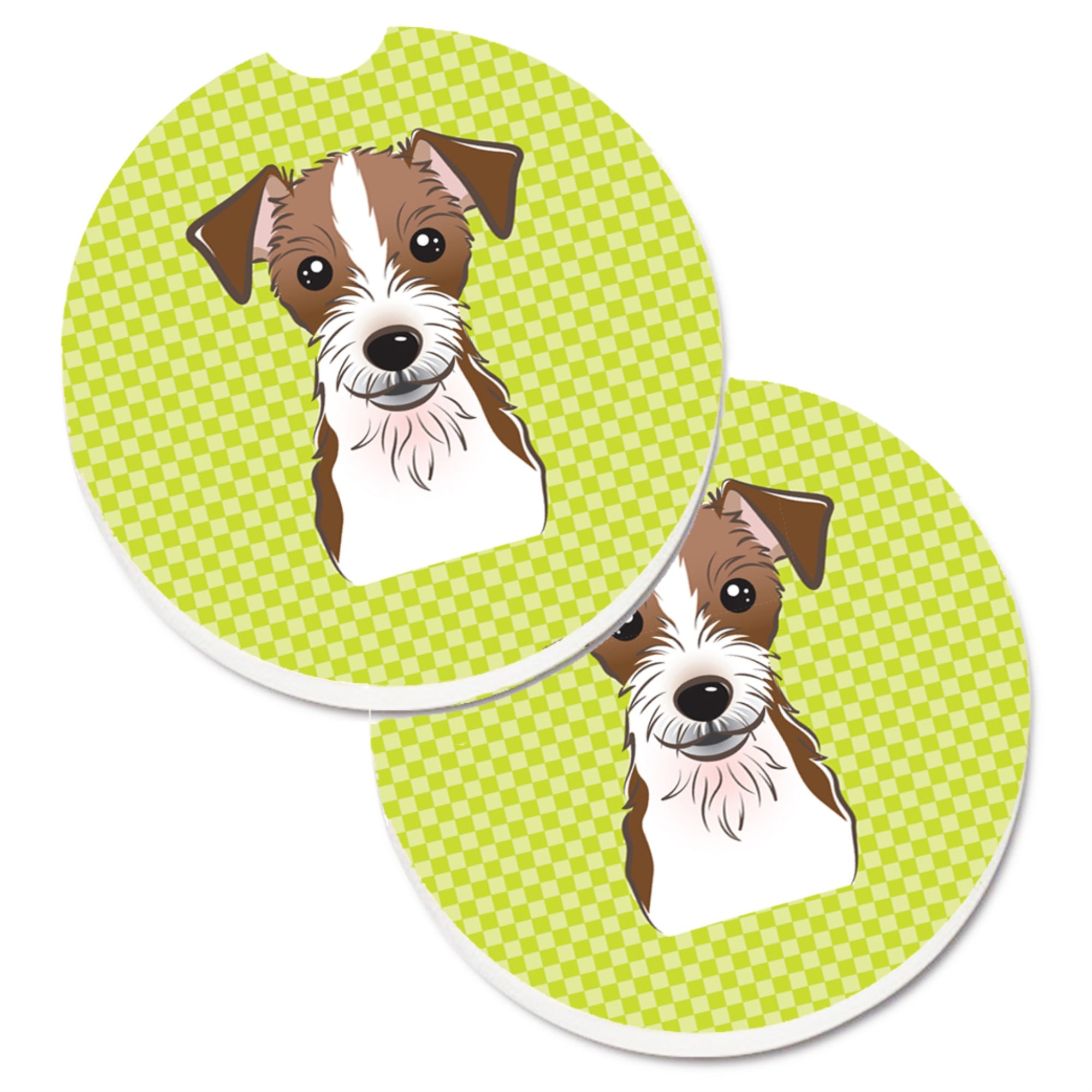 Caroline'S Treasures Checkerboard Lime Green Jack Russell Terrier Set Of 2 Cup Holder Car Coasters Bb1264Carc, 2.56, Multicolo