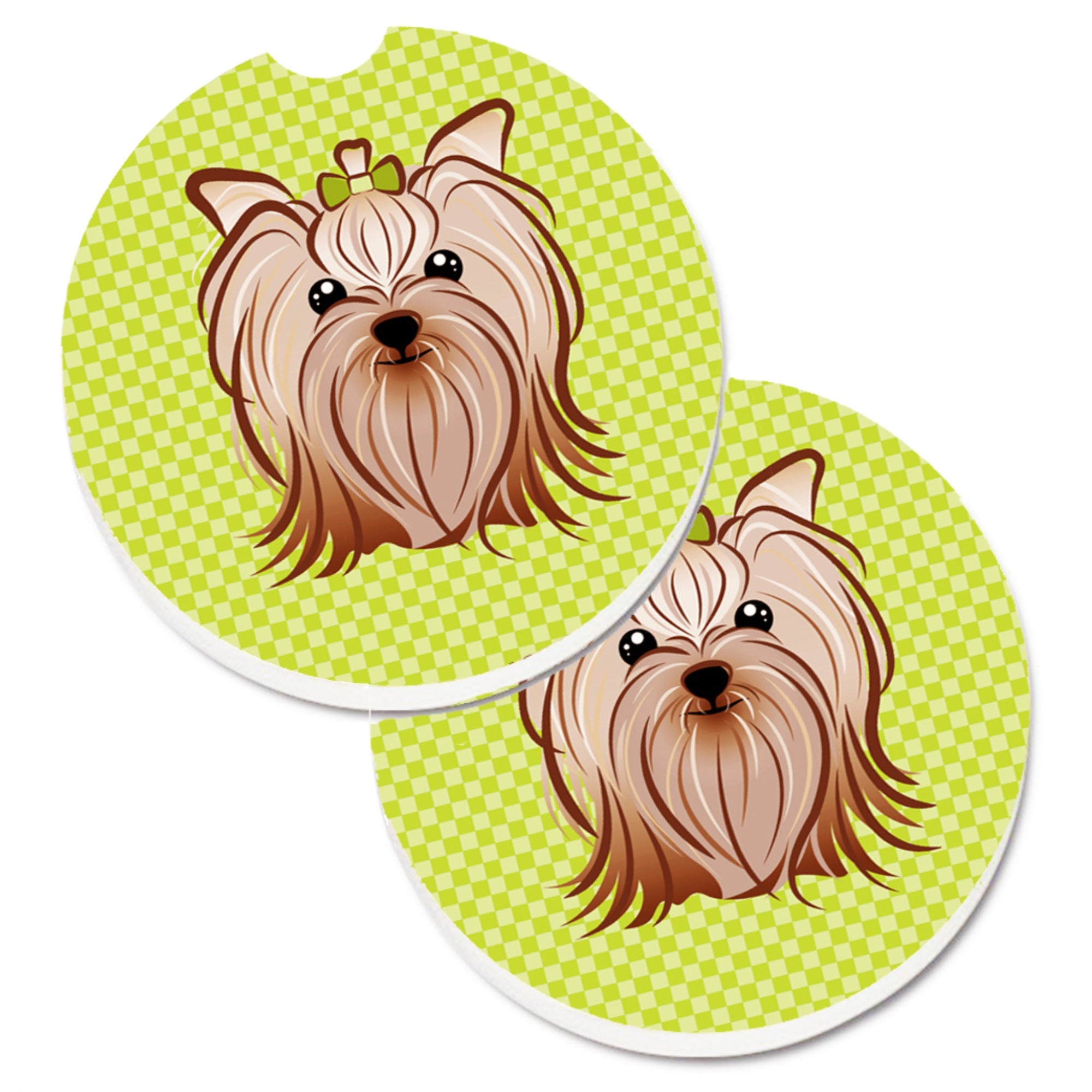 Caroline'S Treasures Checkerboard Lime Green Yorkie Yorkishire Terrier Set Of 2 Cup Holder Car Coasters Bb1266Carc, 2.56, Mult