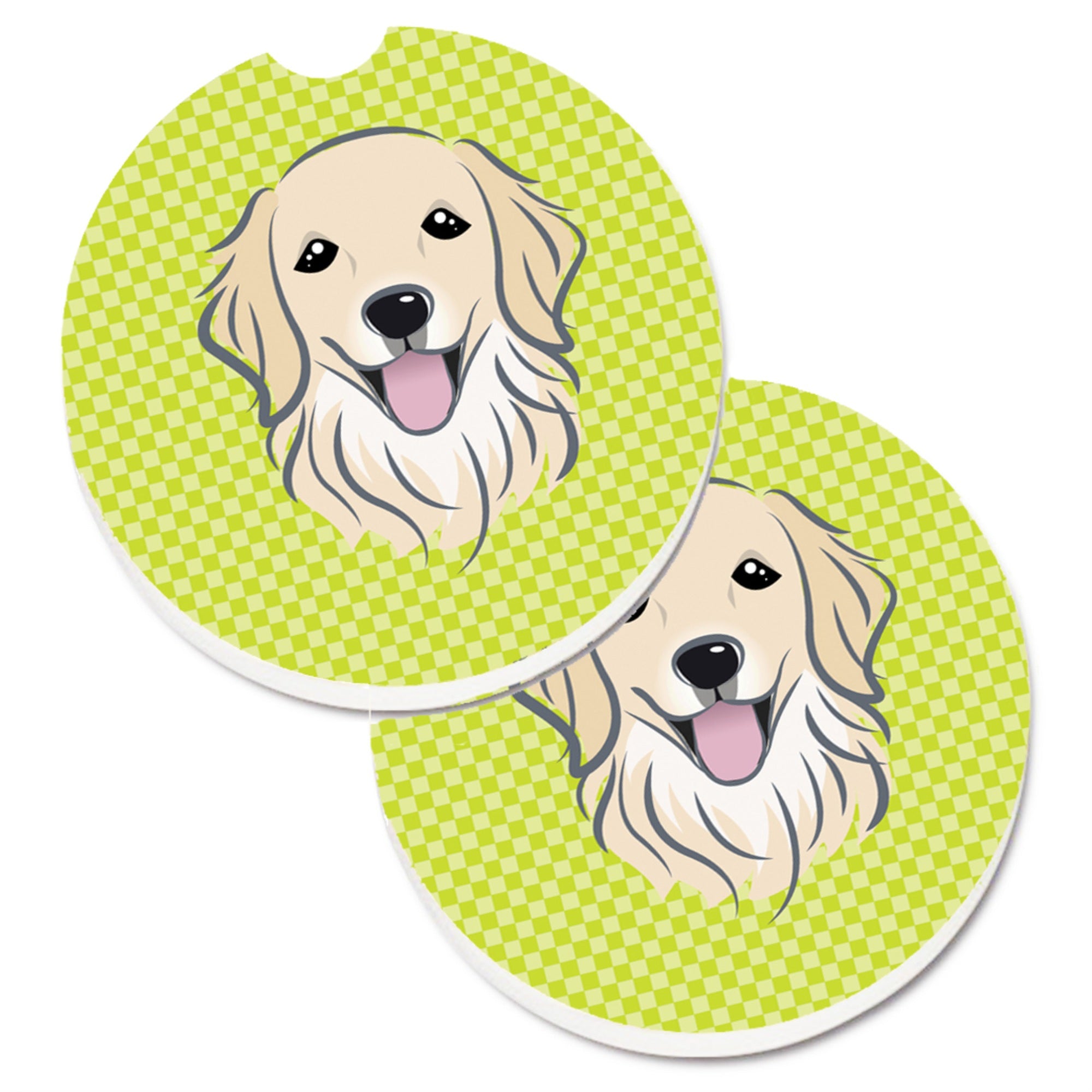 Caroline'S Treasures Checkerboard Lime Green Golden Retriever Set Of 2 Cup Holder Car Coasters Bb1267Carc, 2.56, Multicolor