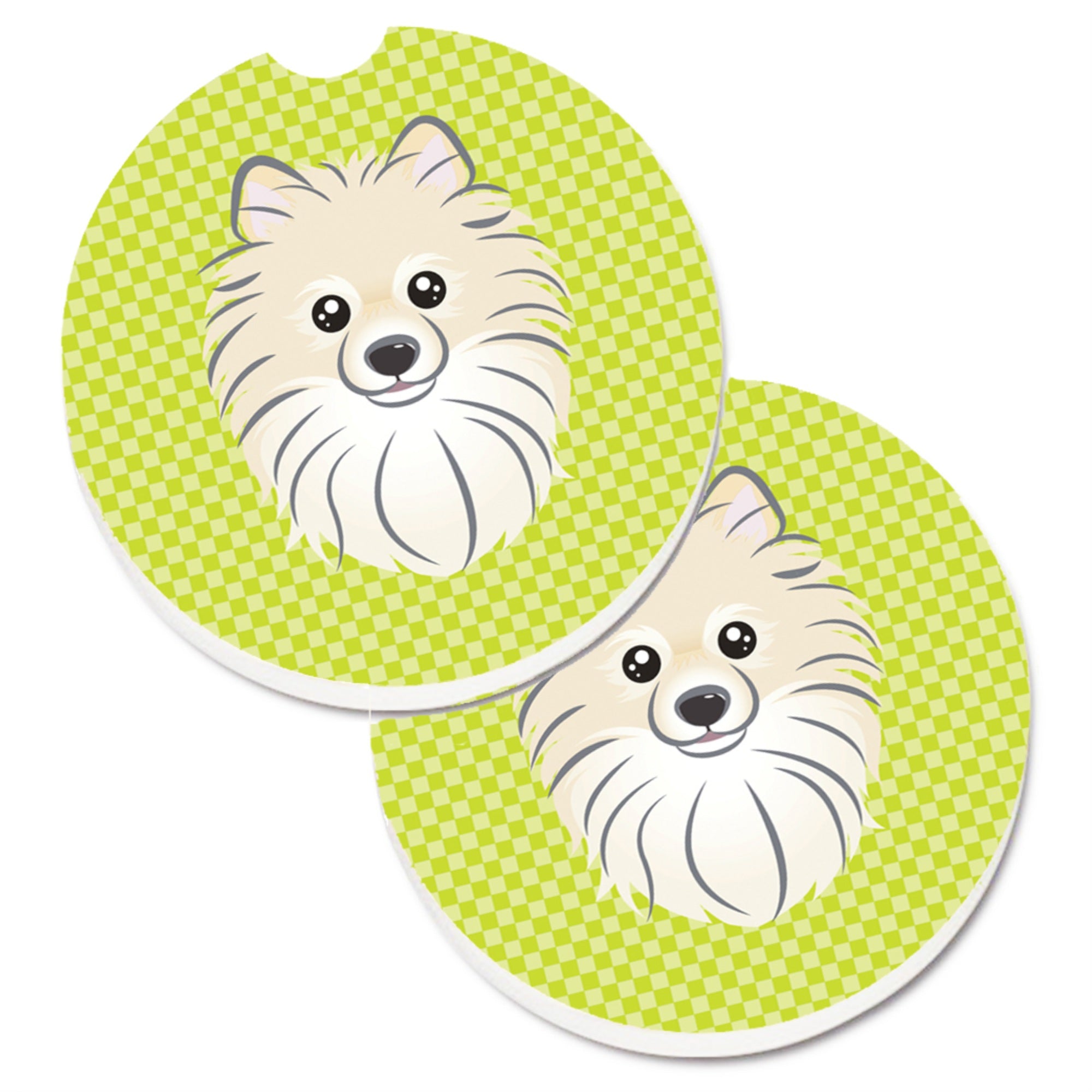Caroline'S Treasures Checkerboard Lime Green Pomeranian Set Of 2 Cup Holder Car Coasters Bb1269Carc, 2.56, Multicolor