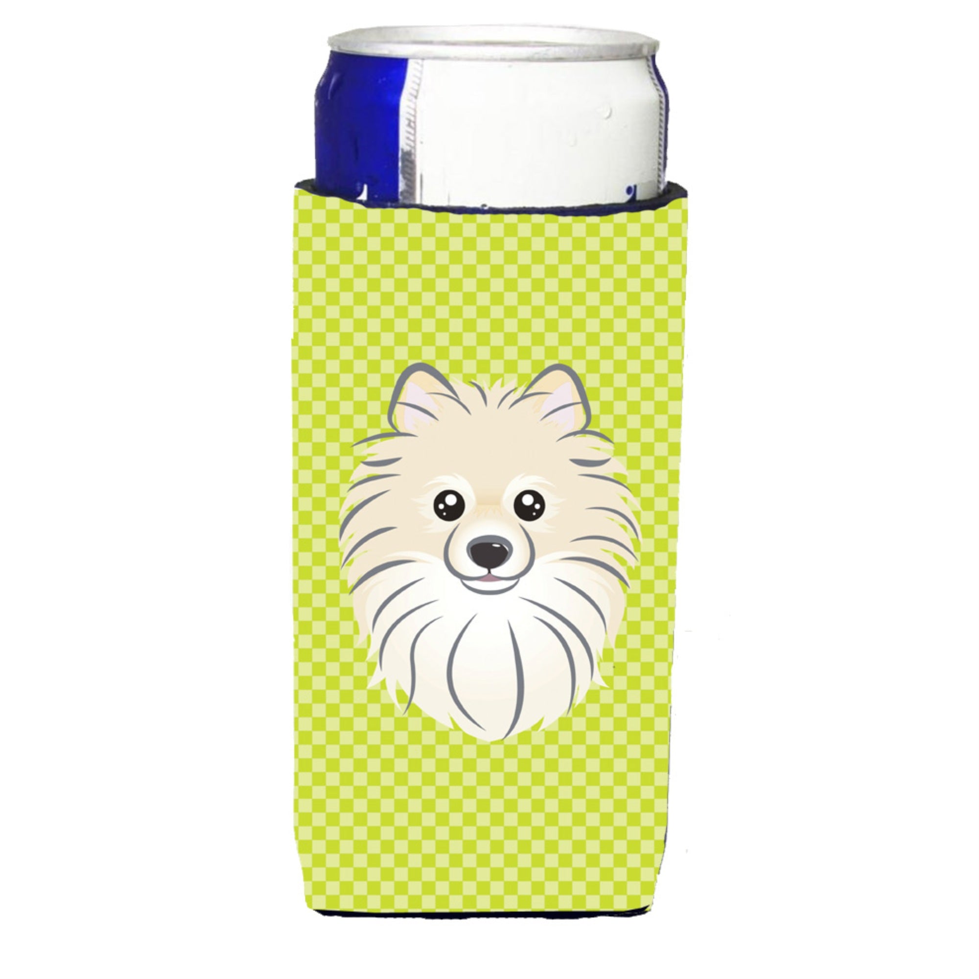 Checkerboard Lime Green Pomeranian Ultra Beverage Insulators For Slim Cans