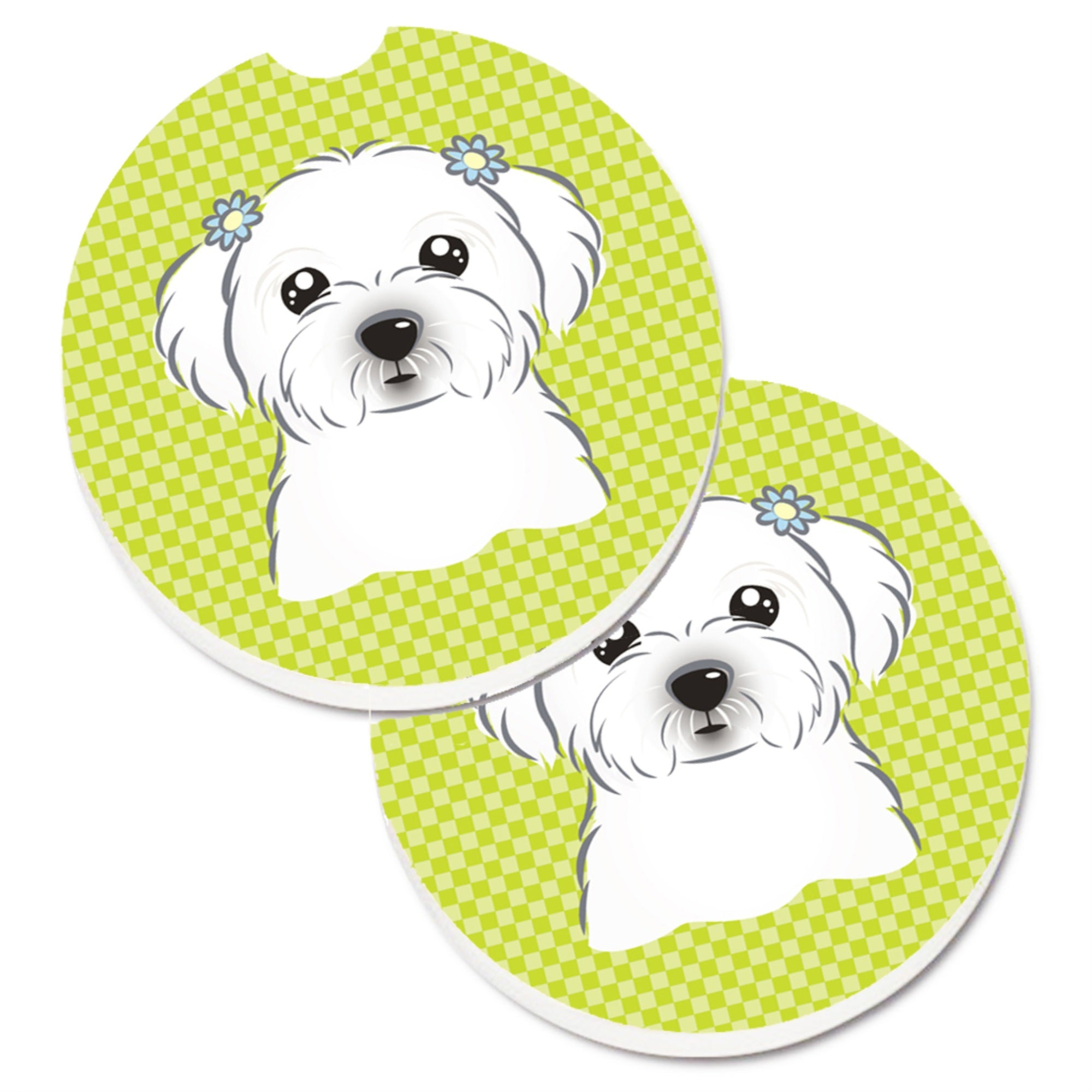 Caroline'S Treasures Checkerboard Lime Green Maltese Set Of 2 Cup Holder Car Coasters Bb1270Carc, 2.56, Multicolor