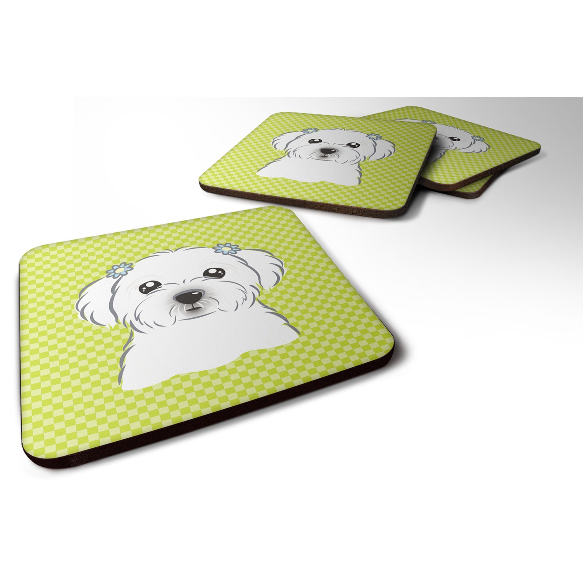 Caroline'S Treasures Bb1270Fc Checkerboard Lime Green Maltese Foam Coaster (Set Of 4), 3.5 H X 3.5 W, Multicolor