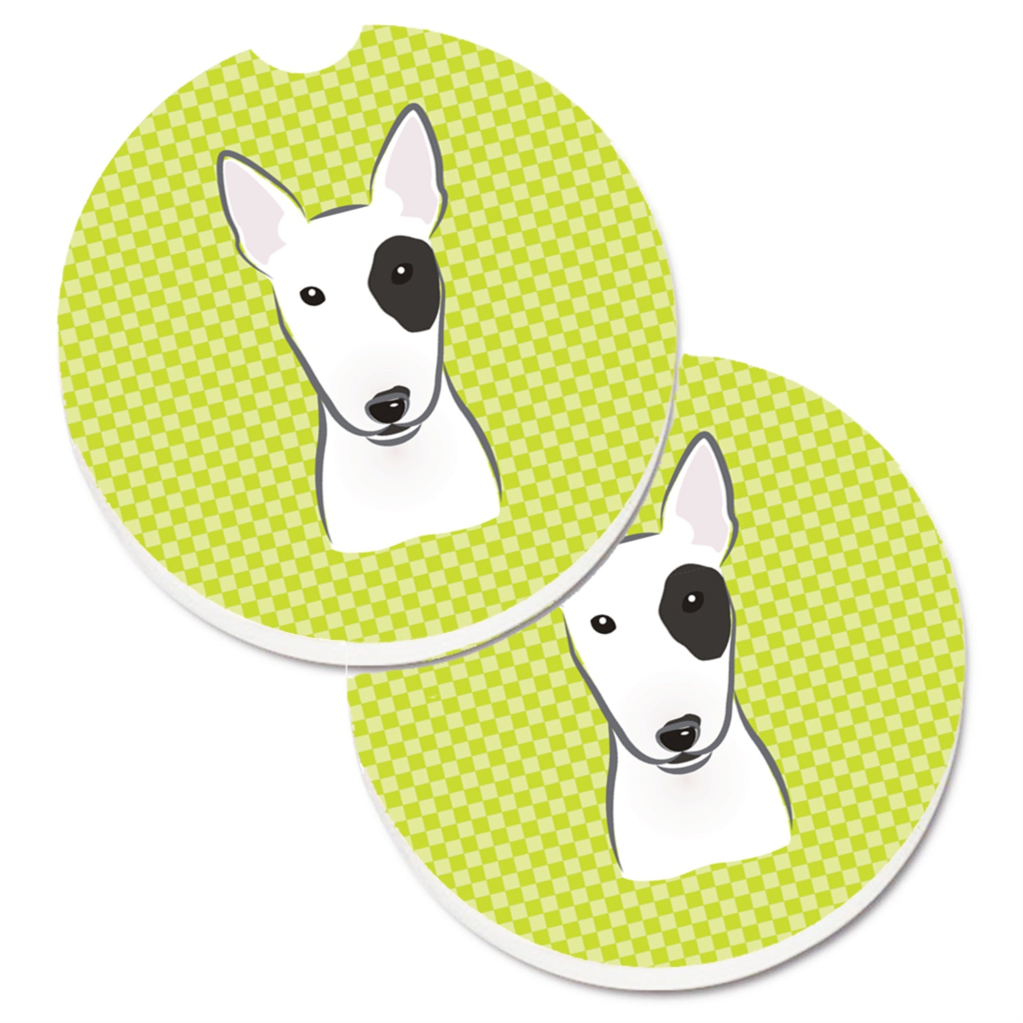 Caroline'S Treasures Checkerboard Lime Green Bull Terrier Set Of 2 Cup Holder Car Coasters Bb1271Carc, 2.56, Multicolor