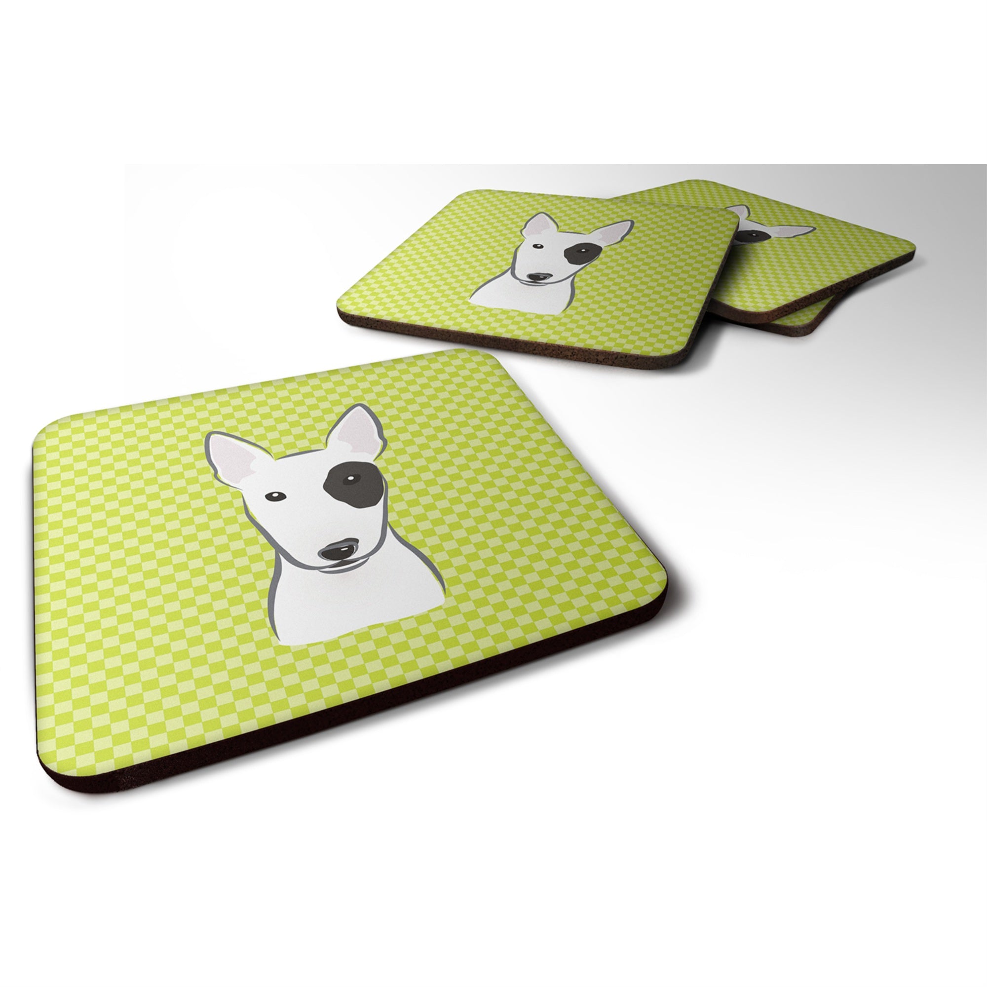 Caroline'S Treasures Bb1271Fc Checkerboard Lime Green Bull Terrier Foam Coaster (Set Of 4), 3.5 H X 3.5 W, Multicolor,