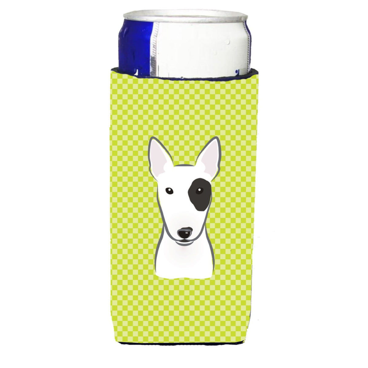 Checkerboard Lime Green Bull Terrier Ultra Beverage Insulators For Slim Cans