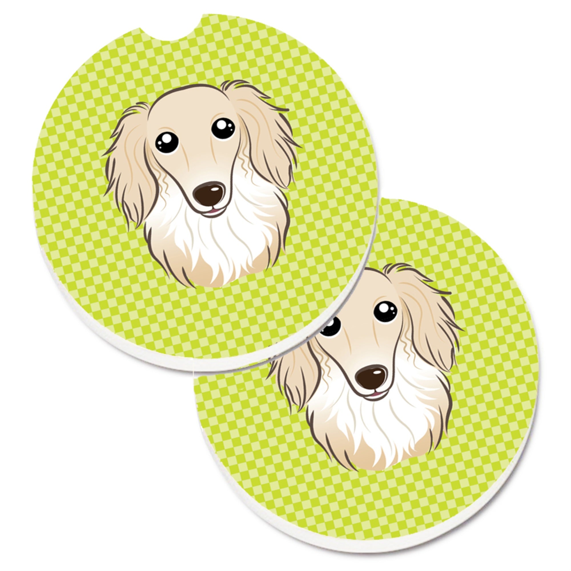 Caroline'S Treasures Checkerboard Lime Green Longhair Creme Dachshund Set Of 2 Cup Holder Car Coasters Bb1274Carc, 2.56, Multi