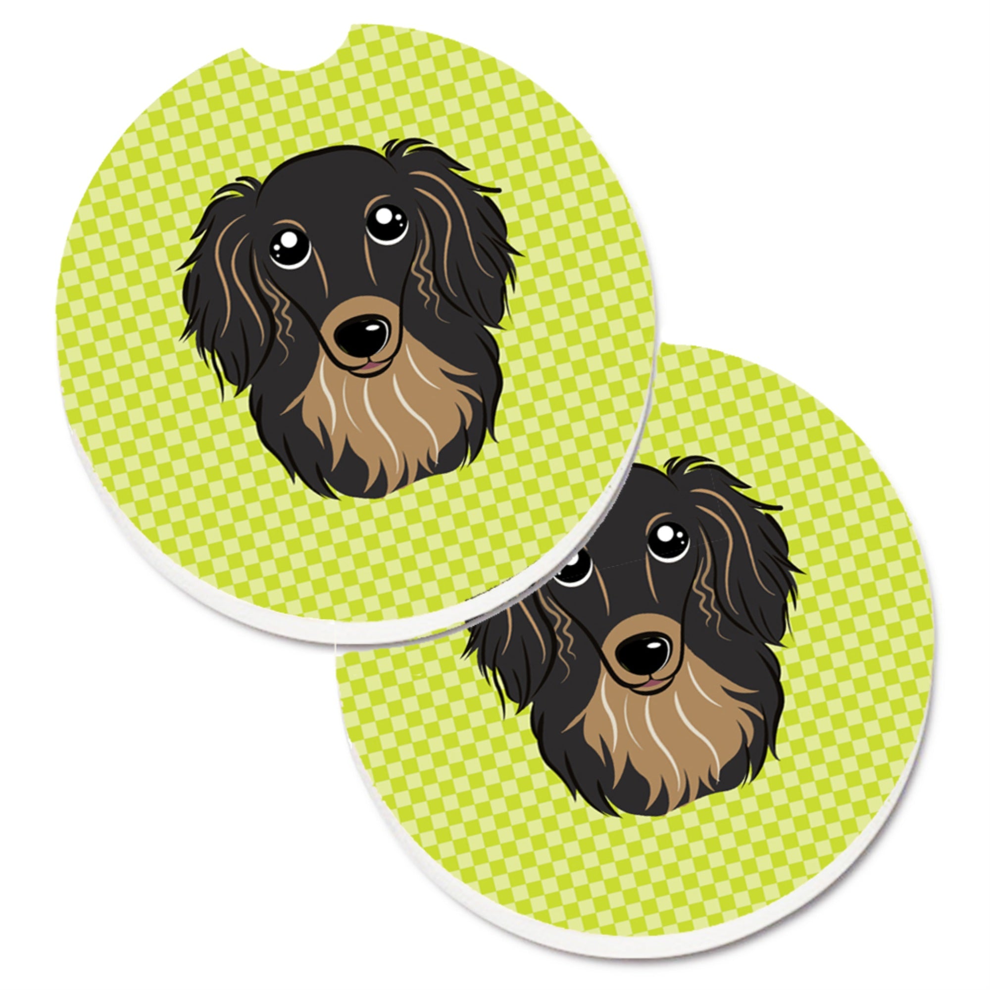Caroline'S Treasures Checkerboard Lime Green Longhair Black & Tan Dachshund Set Of 2 Cup Holder Car Coasters Bb1275Carc, 2.56,