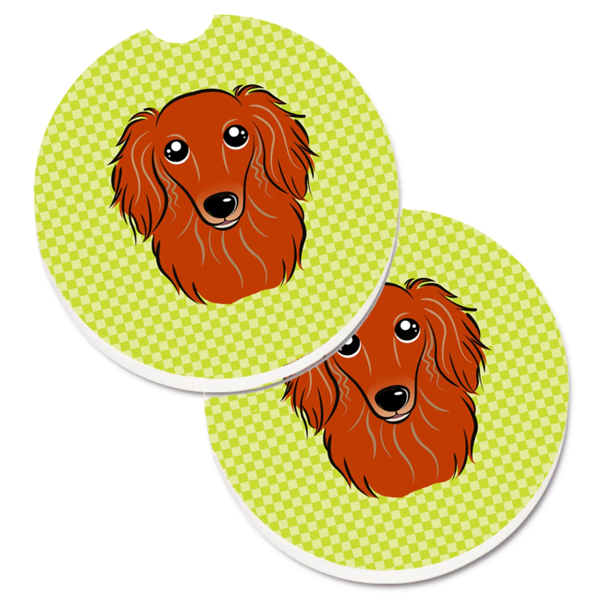 Caroline'S Treasures Checkerboard Lime Green Longhair Red Dachshund Set Of 2 Cup Holder Car Coasters Bb1276Carc, 2.56, Multico