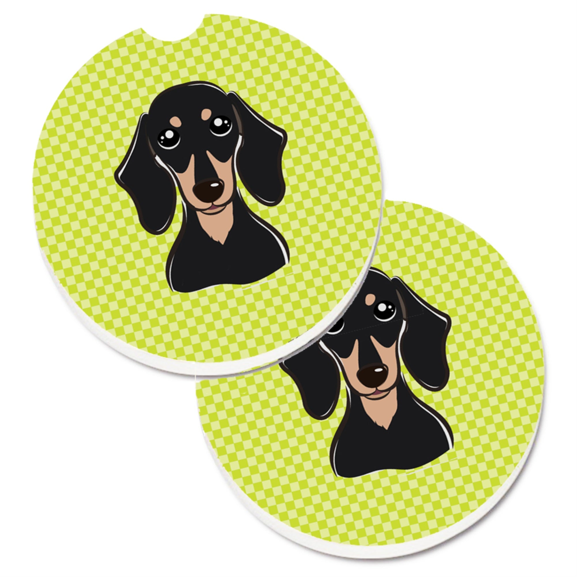 Caroline'S Treasures Checkerboard Lime Green Smooth Black & Tan Dachshund Set Of 2 Cup Holder Car Coasters Bb1277Carc, 2.56, M