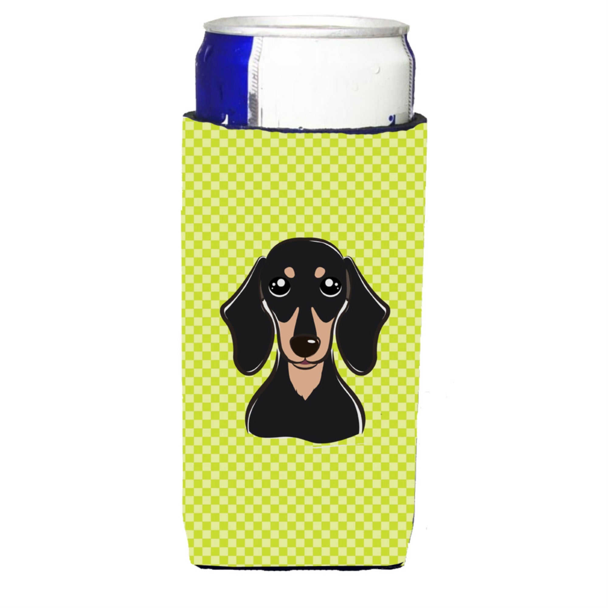Checkerboard Lime Green Black Tan Dachshund Ultra Beverage Insulators Slim Cans