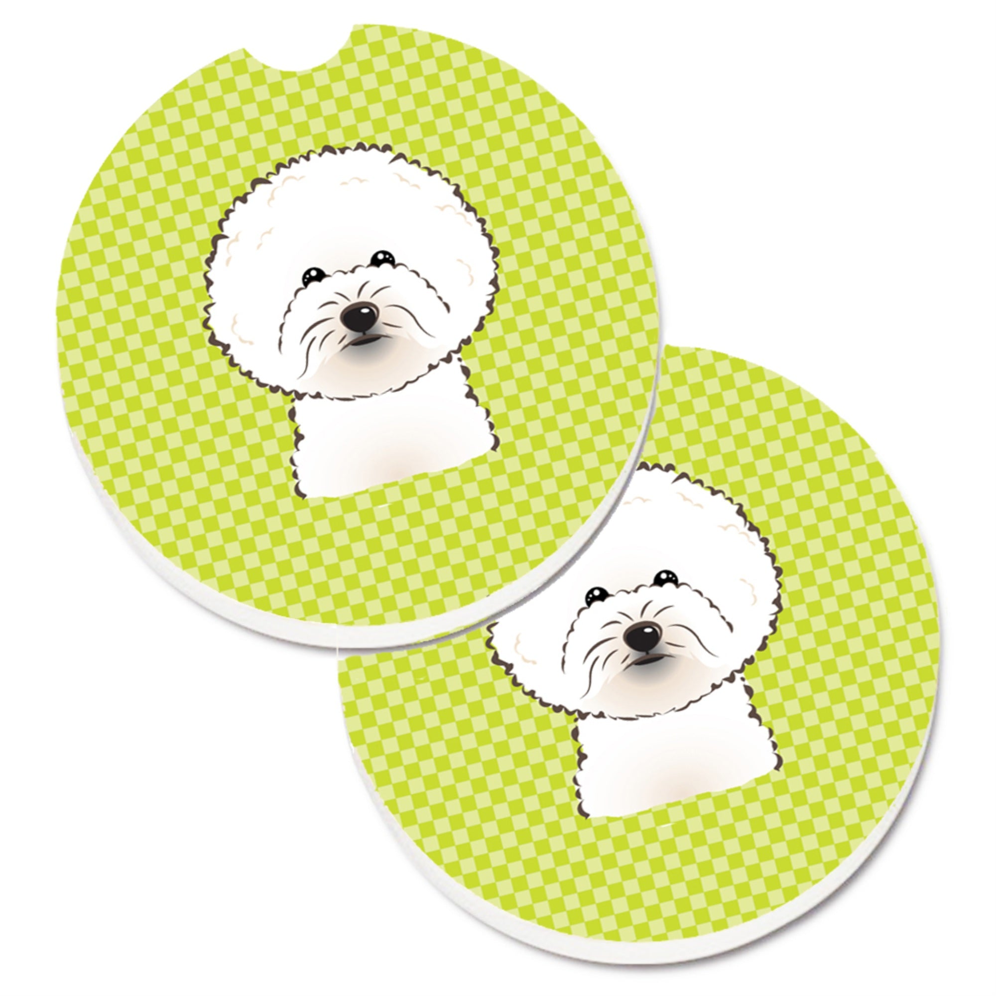Caroline'S Treasures Checkerboard Lime Green Bichon Frise Set Of 2 Cup Holder Car Coasters Bb1279Carc, 2.56, Multicolor