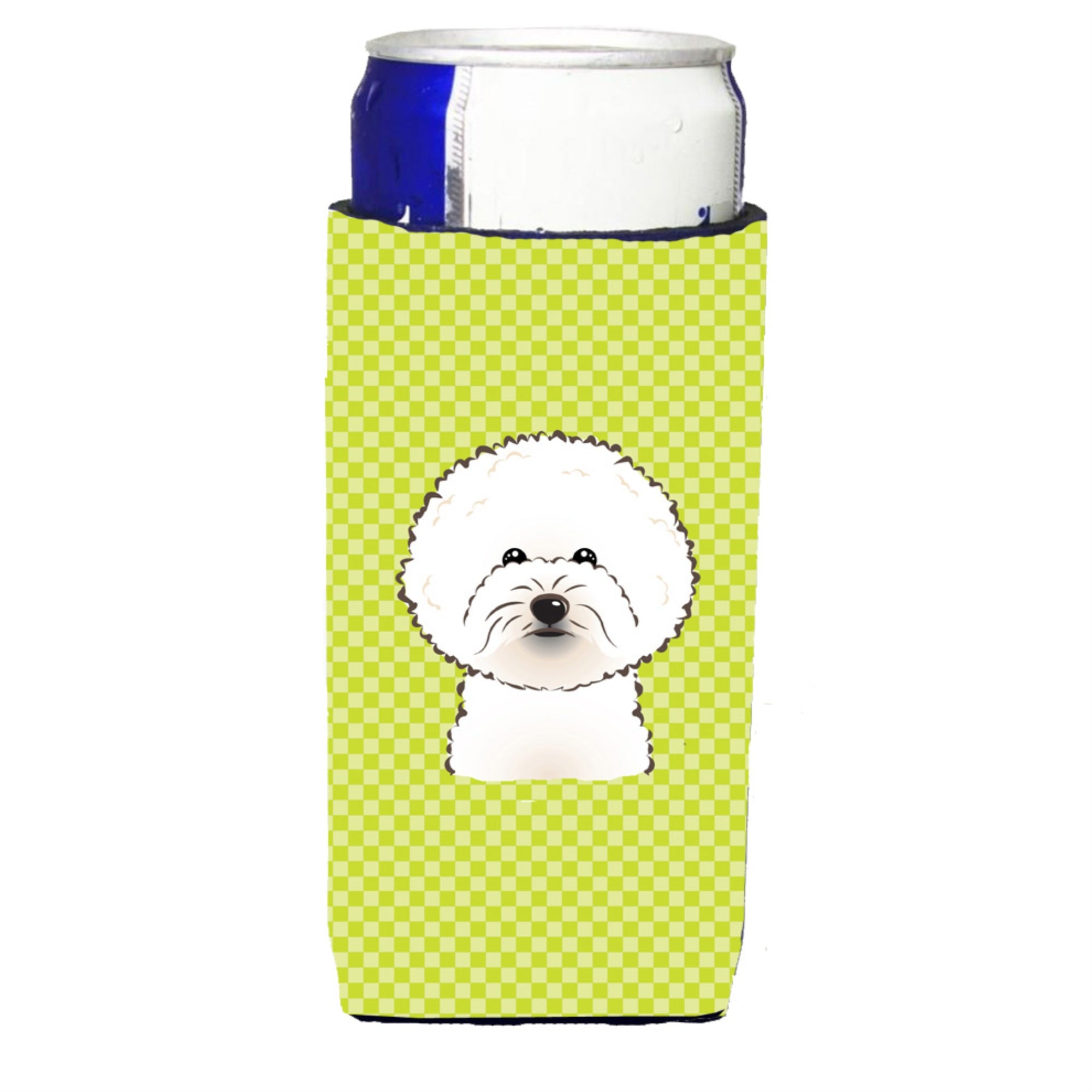Checkerboard Lime Green Bichon Frise Ultra Beverage Insulators For Slim Cans