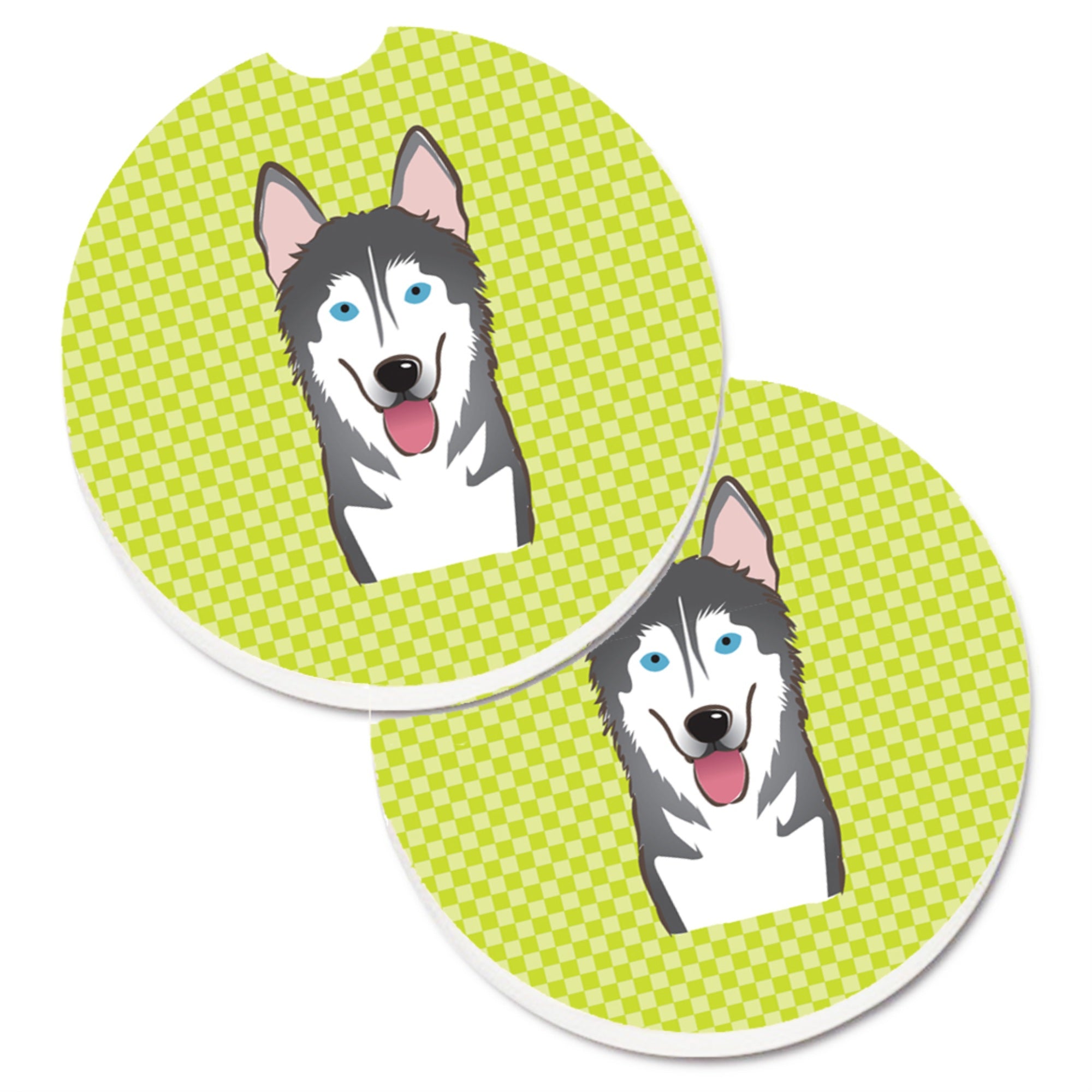 Caroline'S Treasures Checkerboard Lime Green Alaskan Malamute Set Of 2 Cup Holder Car Coasters Bb1280Carc, 2.56, Multicolor