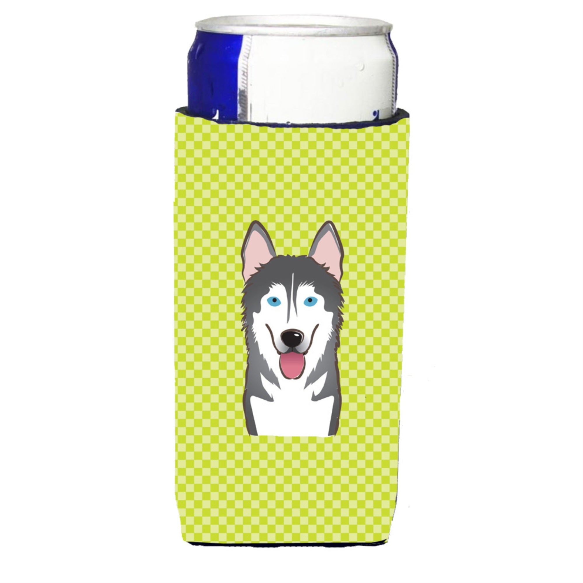 Checkerboard Lime Green Alaskan Malamute Ultra Beverage Insulators For Slim Cans