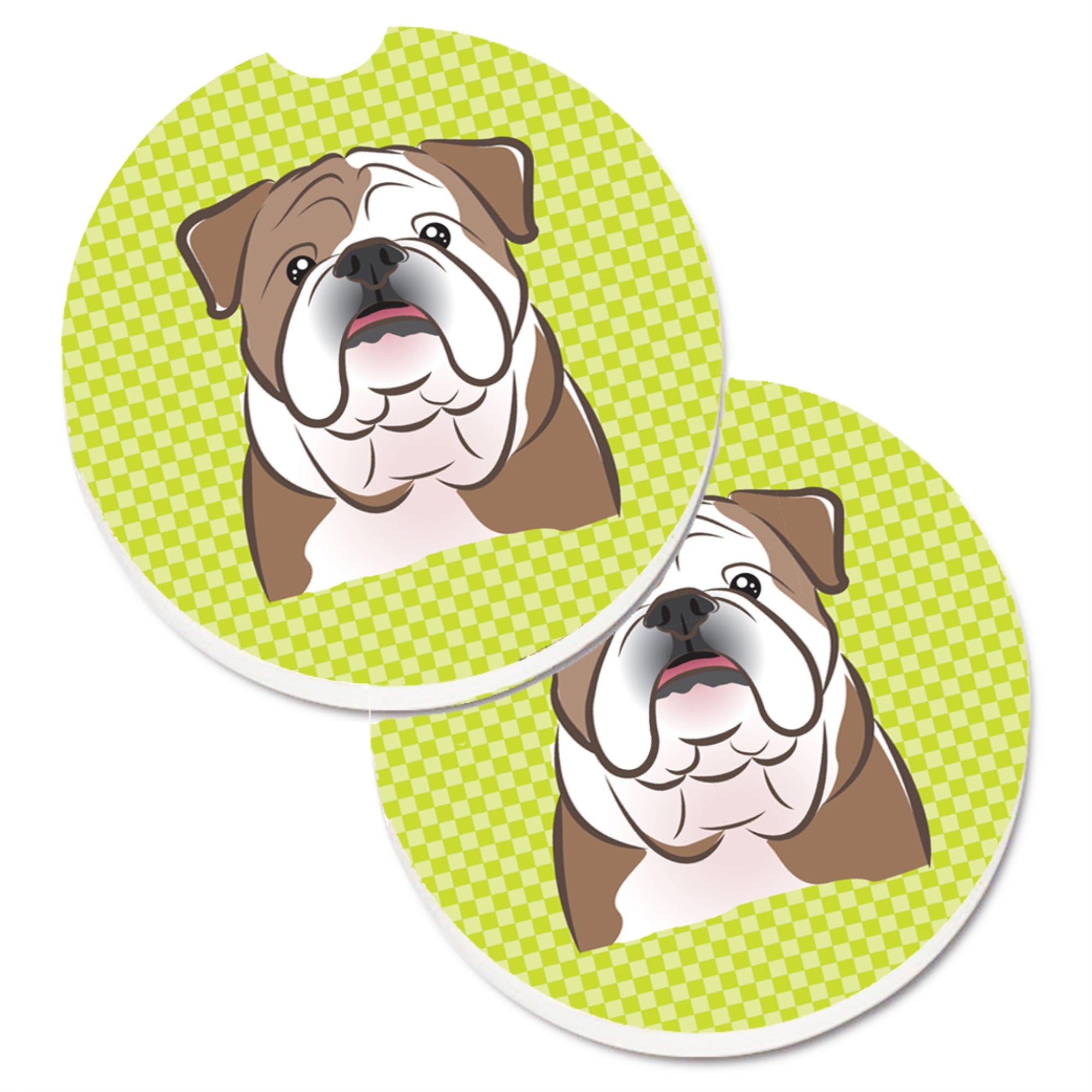 Caroline'S Treasures Checkerboard Lime Green English Bulldog Set Of 2 Cup Holder Car Coasters Bb1281Carc, 2.56, Multicolor