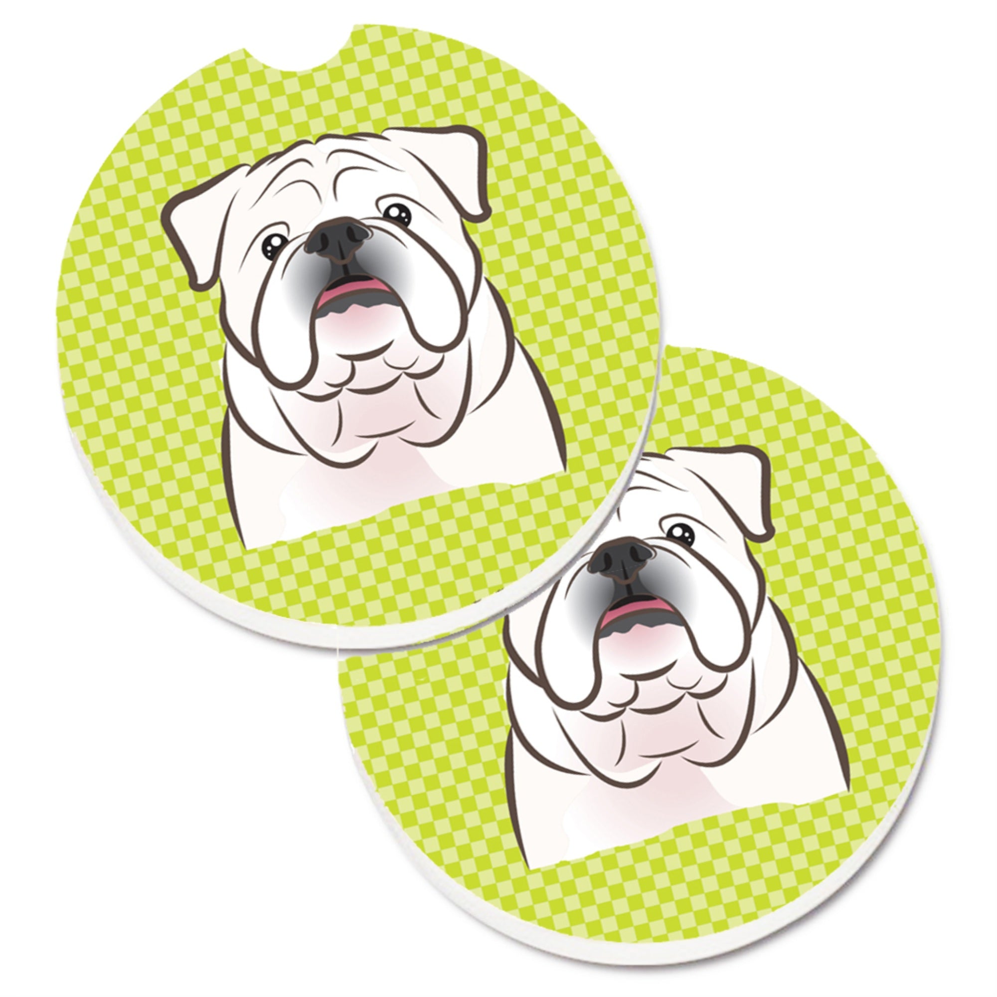 Caroline'S Treasures Checkerboard Lime Green White English Bulldog Set Of 2 Cup Holder Car Coasters Bb1282Carc, 2.56, Multicol