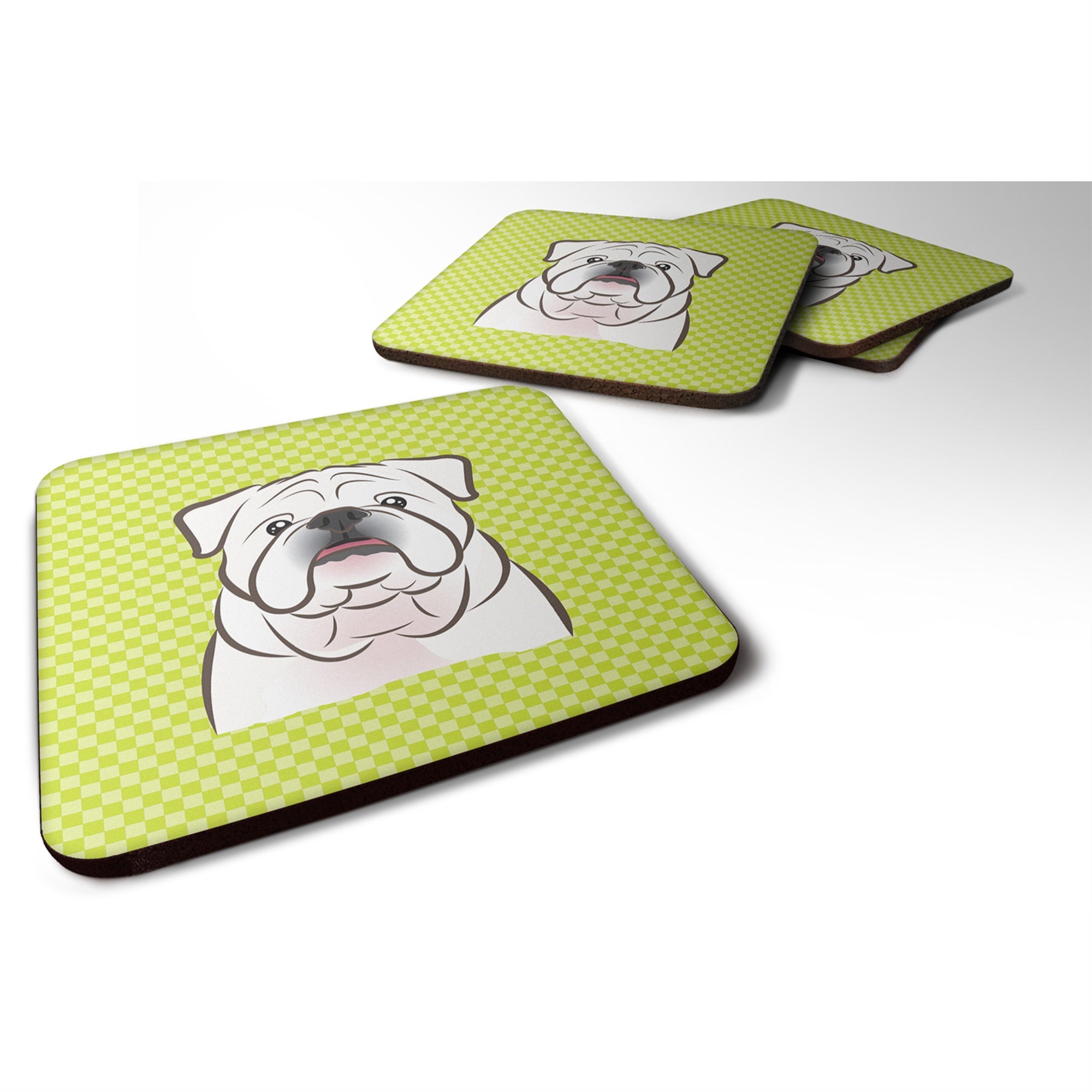 Caroline'S Treasures Bb1282Fc Checkerboard Lime Green White English Bulldog Foam Coaster (Set Of 4), 3.5 H X 3.5 W, Mu