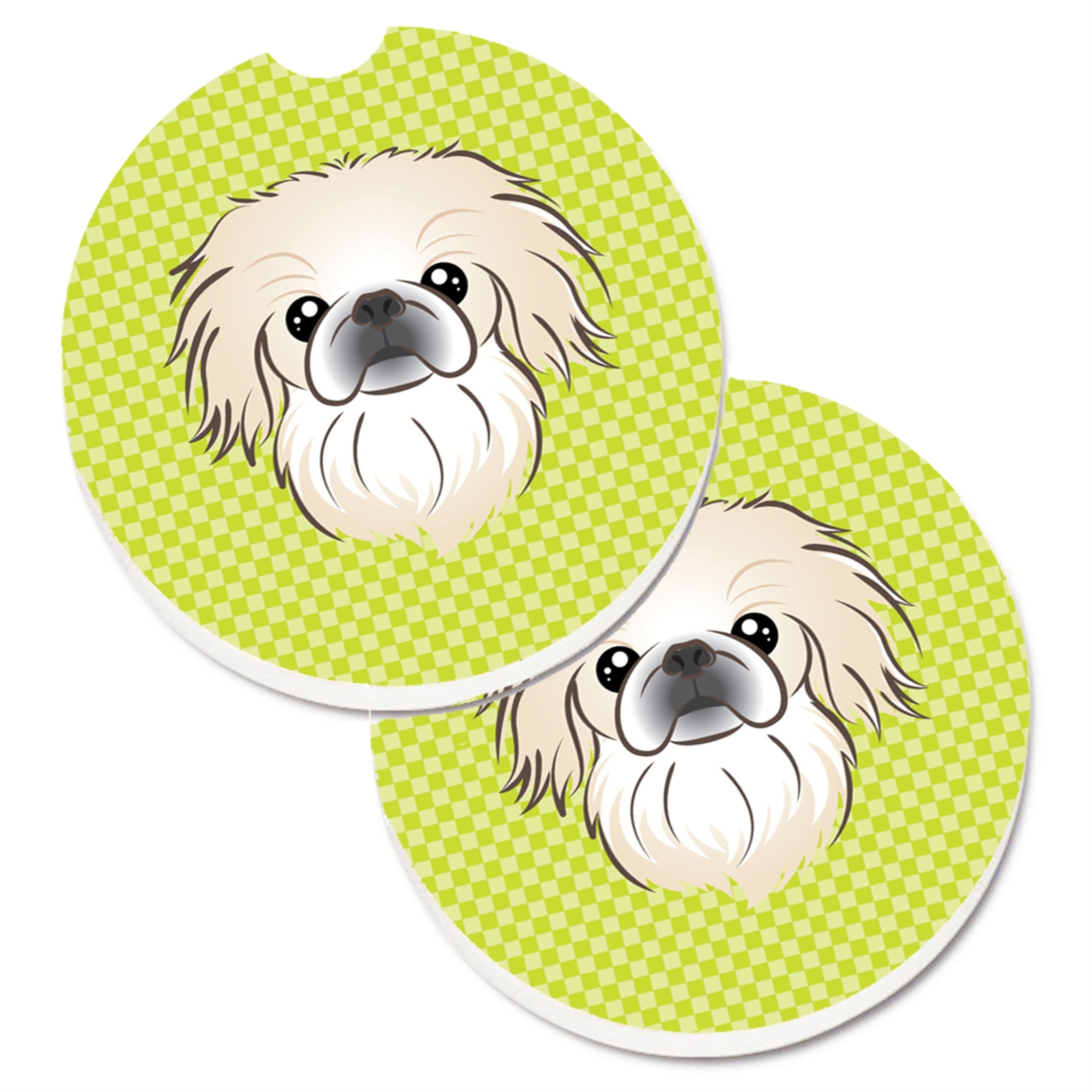 Caroline'S Treasures Checkerboard Lime Green Pekingese Set Of 2 Cup Holder Car Coasters Bb1283Carc, 2.56, Multicolor
