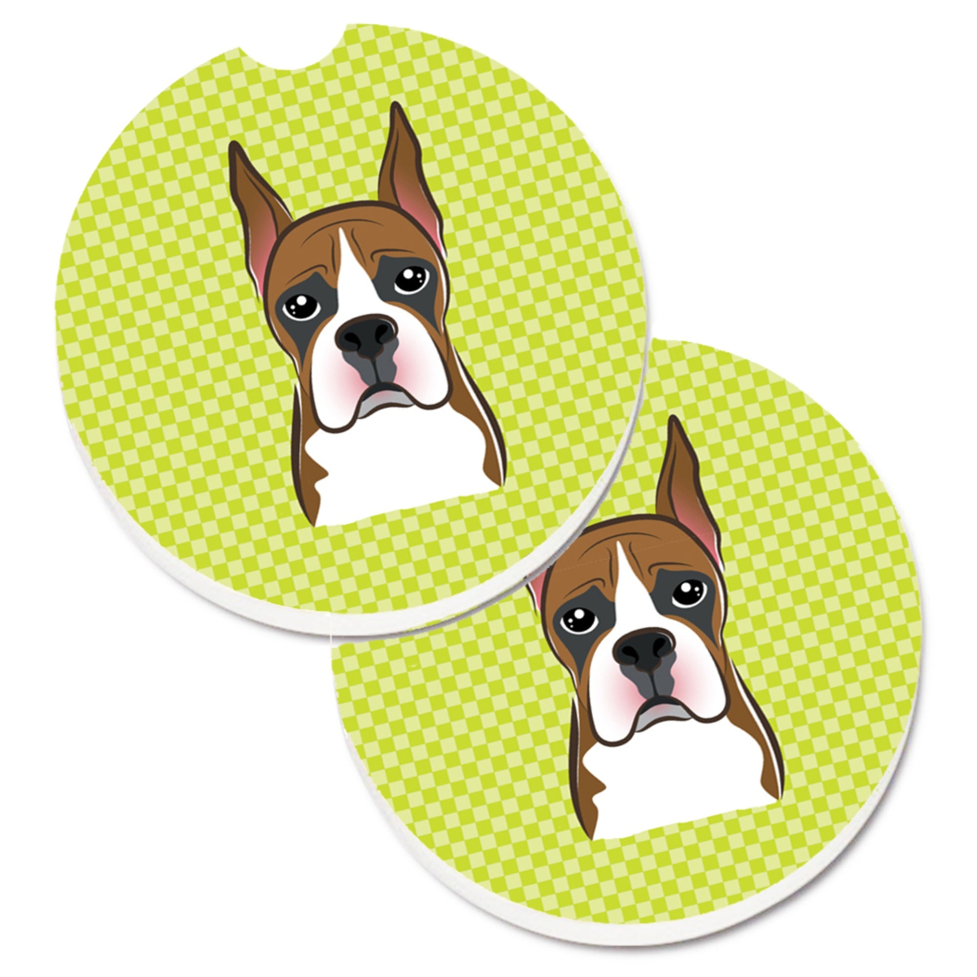 Caroline'S Treasures Checkerboard Lime Green Boxer Set Of 2 Cup Holder Car Coasters Bb1285Carc, 2.56, Multicolor