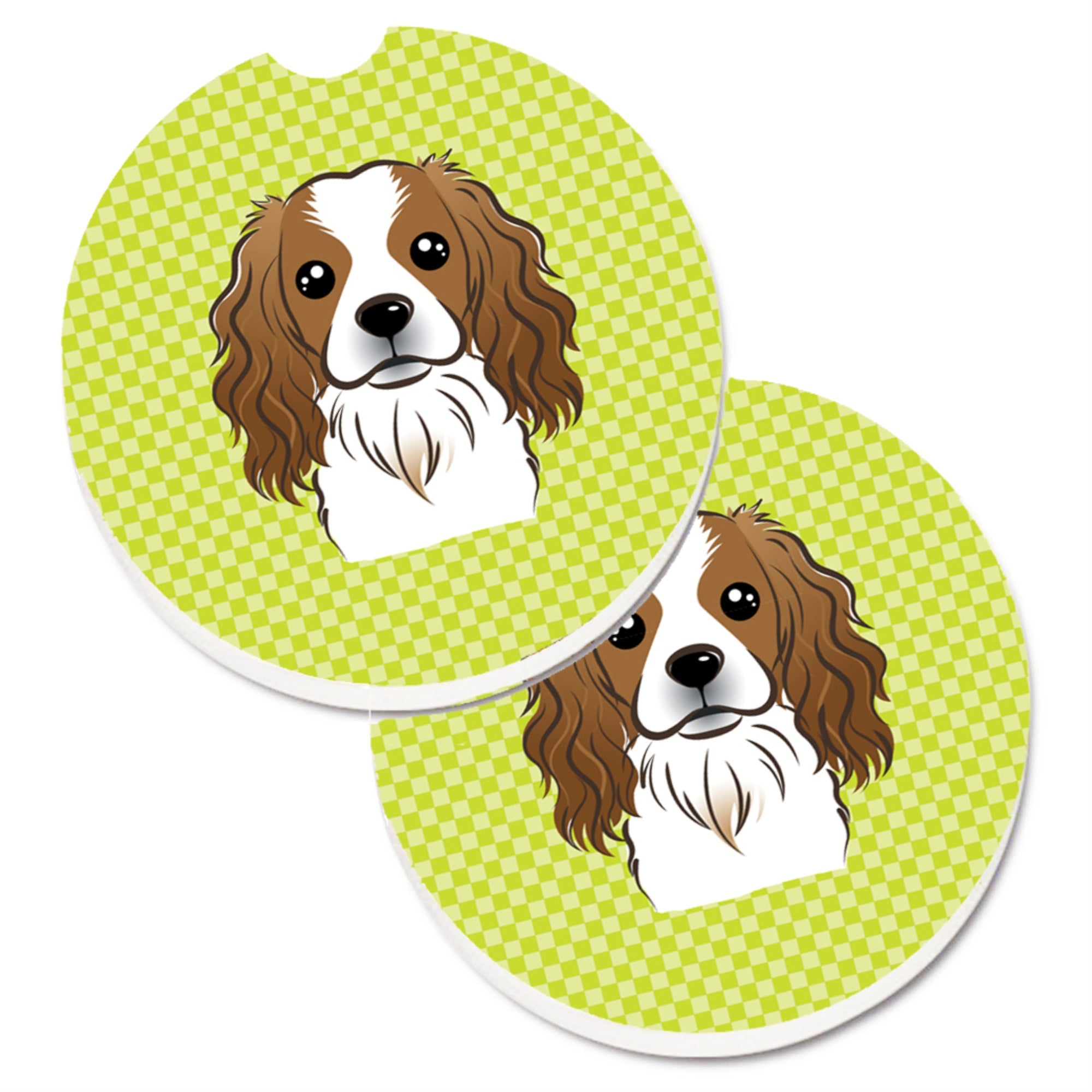 Caroline'S Treasures Checkerboard Lime Green Cavalier Spaniel Set Of 2 Cup Holder Car Coasters Bb1286Carc, 2.56, Multicolor