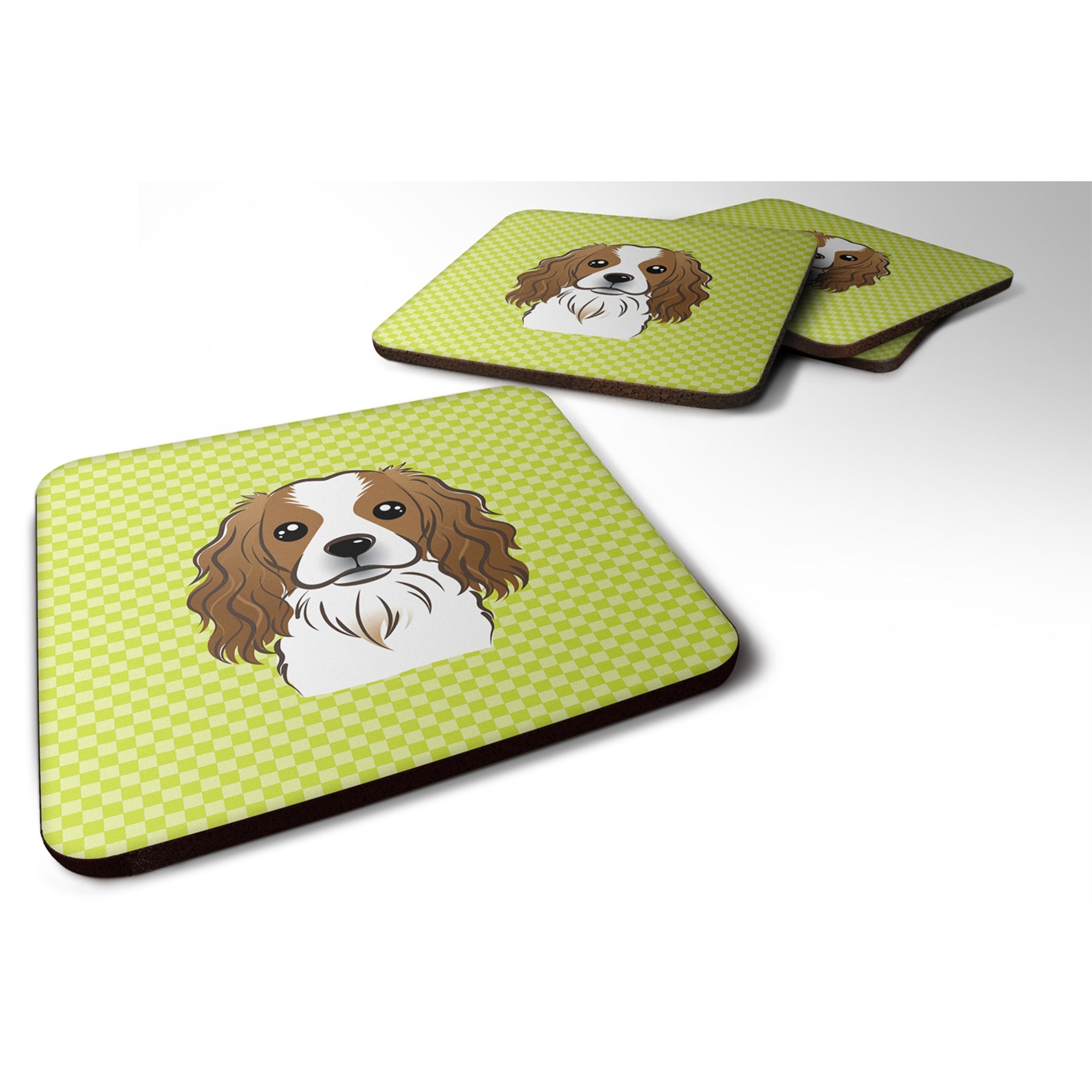 Caroline'S Treasures Bb1286Fc Checkerboard Lime Green Cavalier Spaniel Foam Coaster (Set Of 4), 3.5 H X 3.5 W, Multico