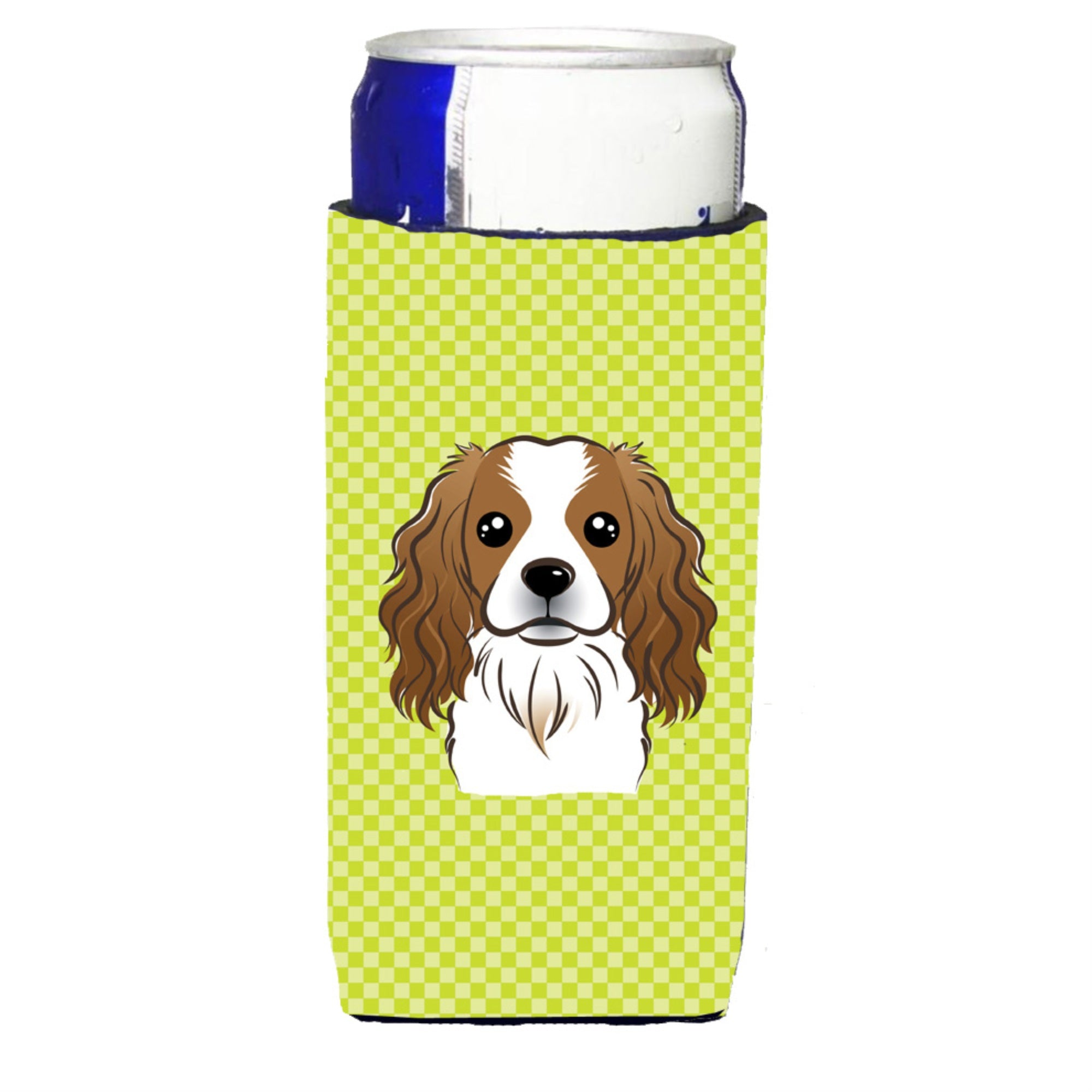 Checkerboard Lime Green Cavalier Spaniel Ultra Beverage Insulators For Slim Cans
