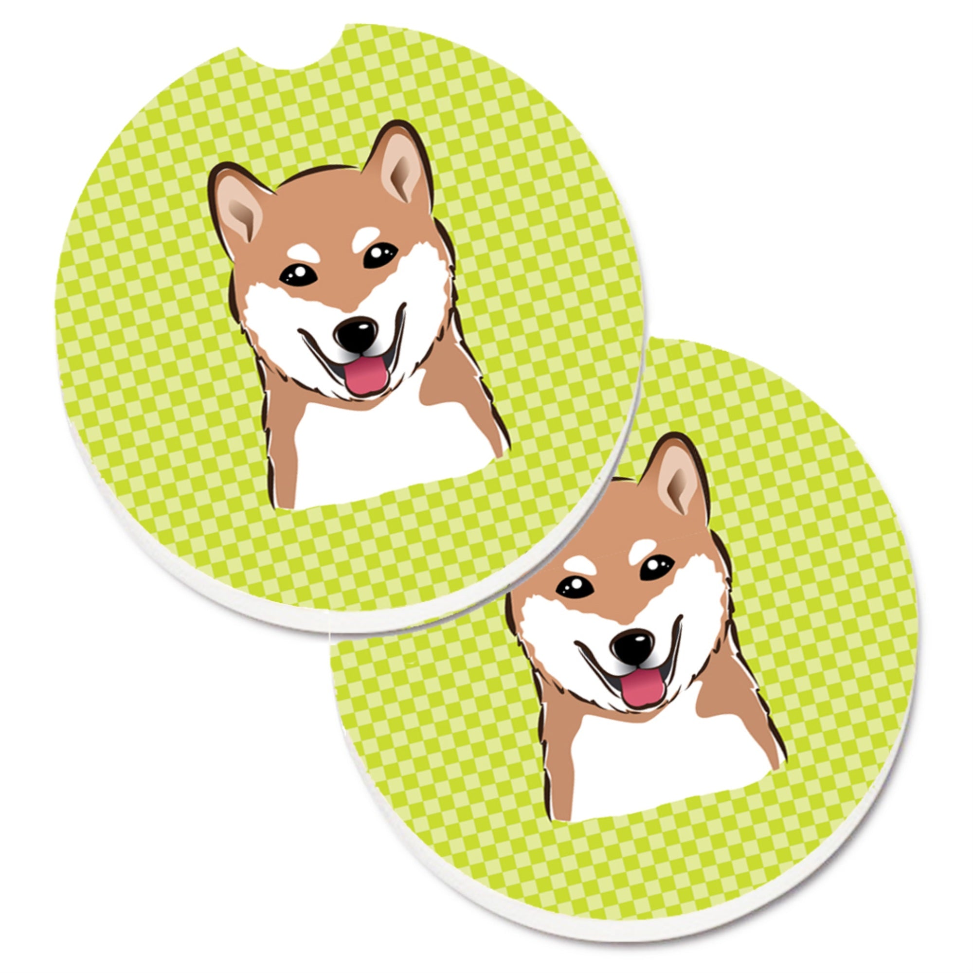 Caroline'S Treasures Checkerboard Lime Green Shiba Inu Set Of 2 Cup Holder Car Coasters Bb1287Carc, 2.56, Multicolor