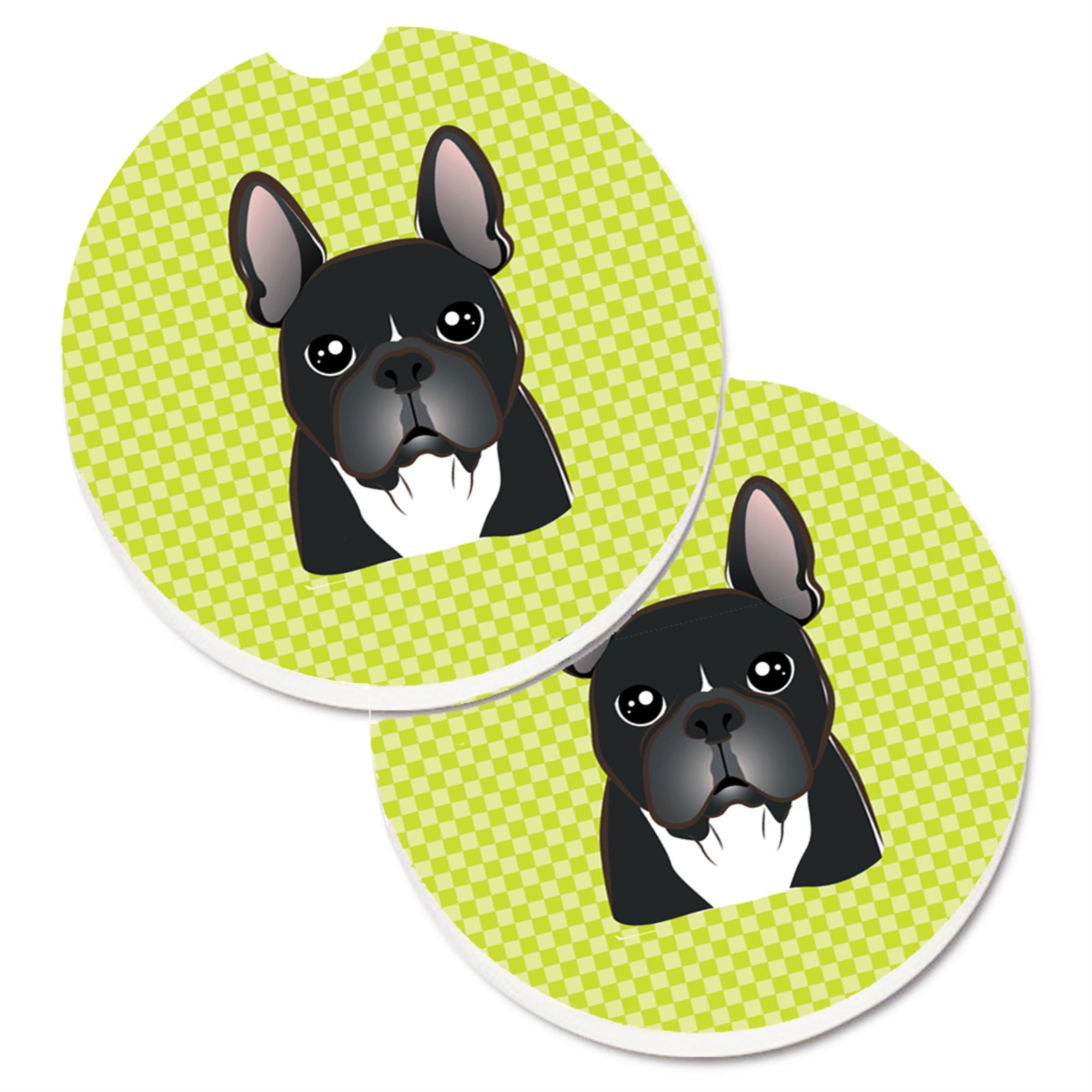 Caroline'S Treasures Checkerboard Lime Green French Bulldog Set Of 2 Cup Holder Car Coasters Bb1289Carc, 2.56, Multicolor