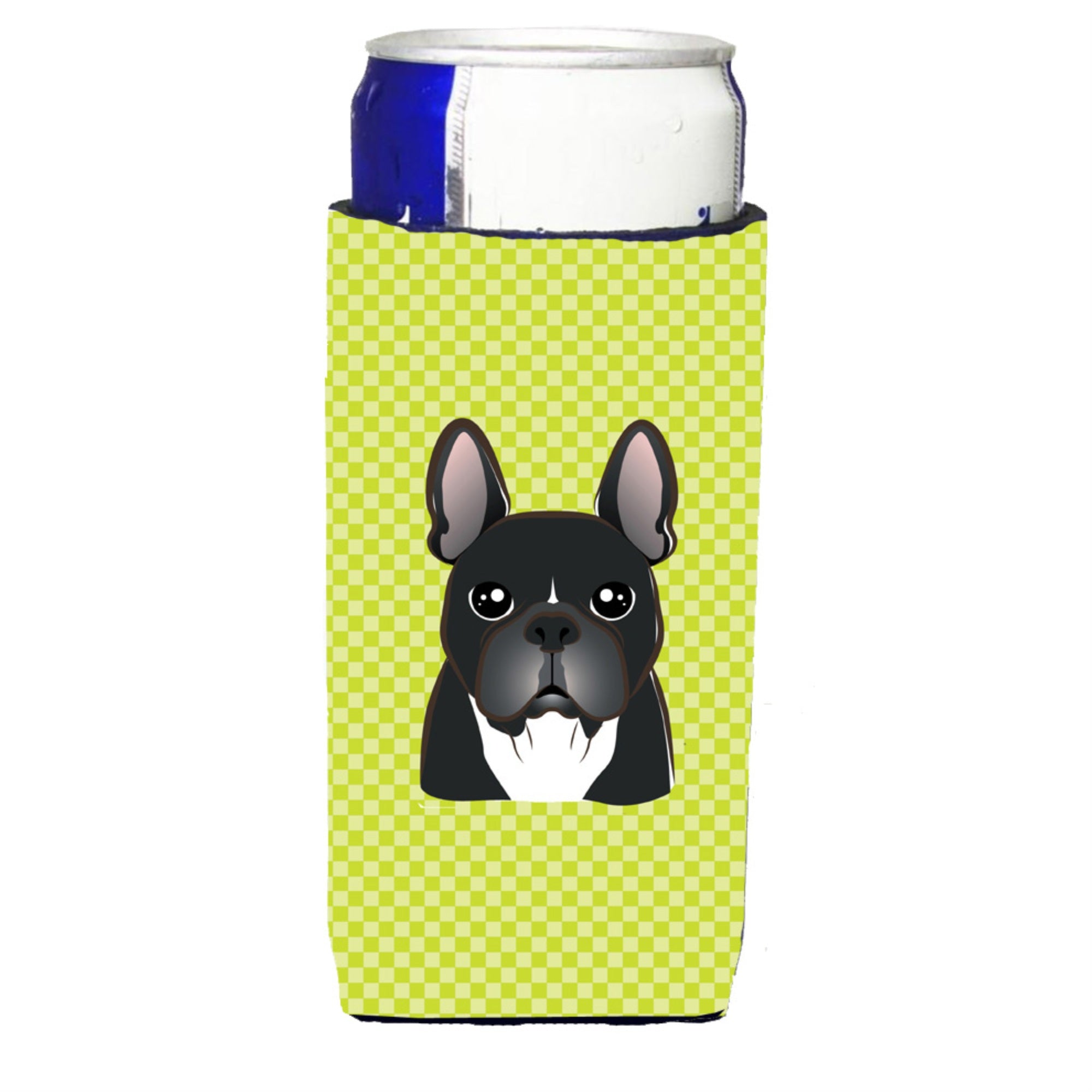 Checkerboard Lime Green French Bulldog Ultra Beverage Insulators For Slim Cans