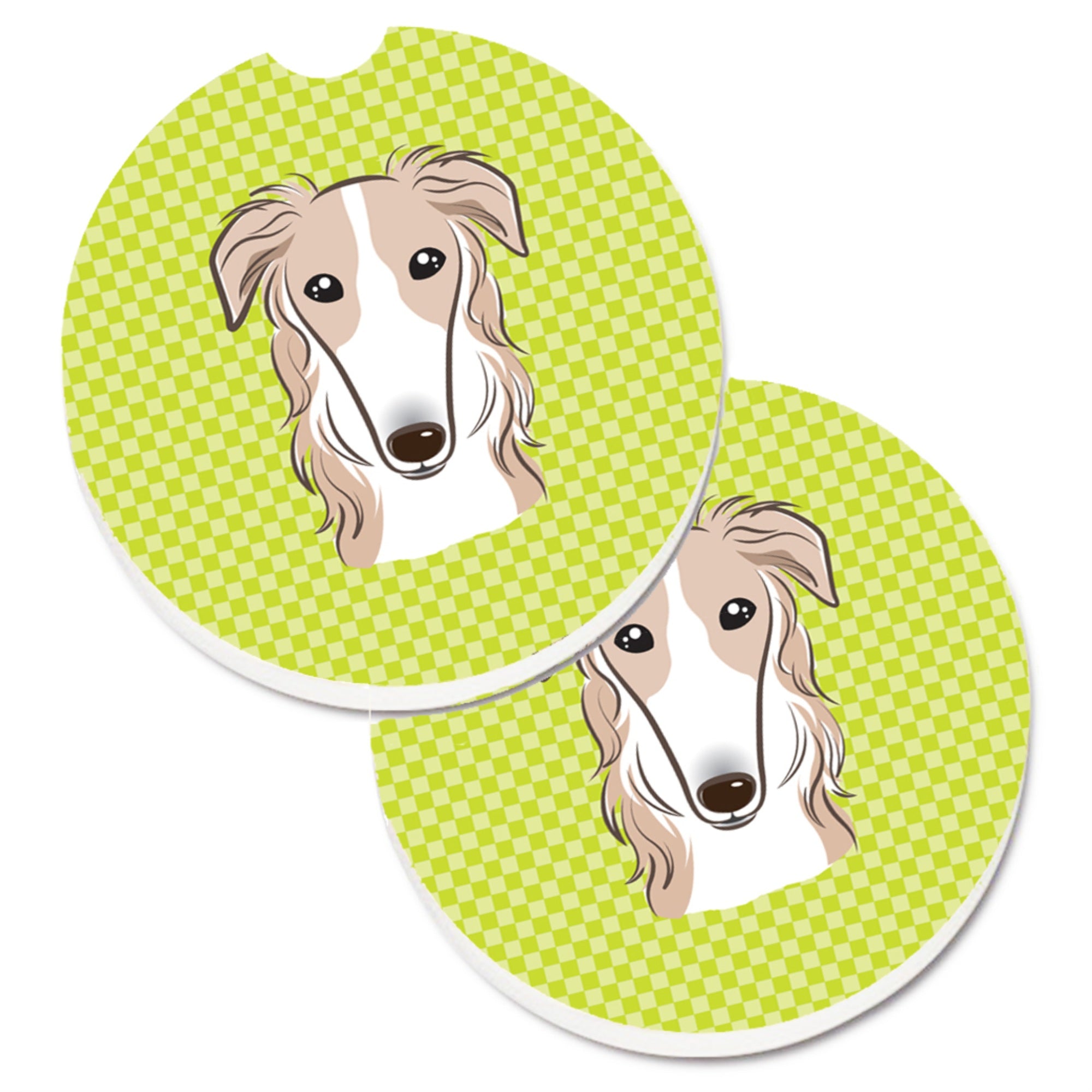 Caroline'S Treasures Checkerboard Lime Green Borzoi Set Of 2 Cup Holder Car Coasters Bb1290Carc, 2.56, Multicolor