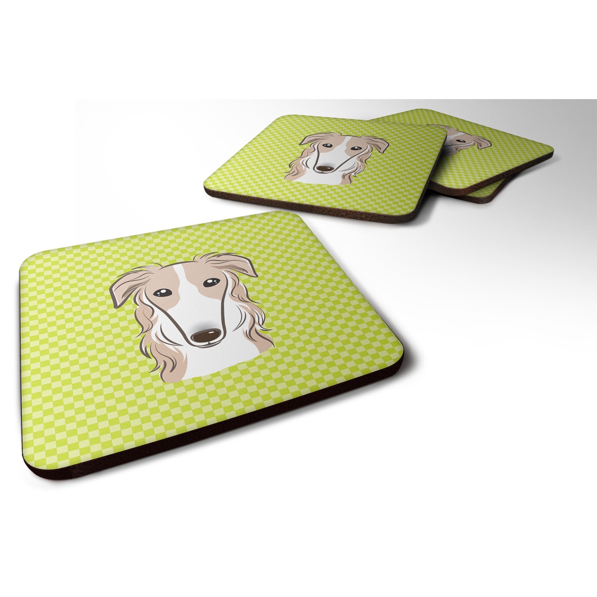Caroline'S Treasures Bb1290Fc Checkerboard Lime Green Borzoi Foam Coaster (Set Of 4), 3.5 H X 3.5 W, Multicolor
