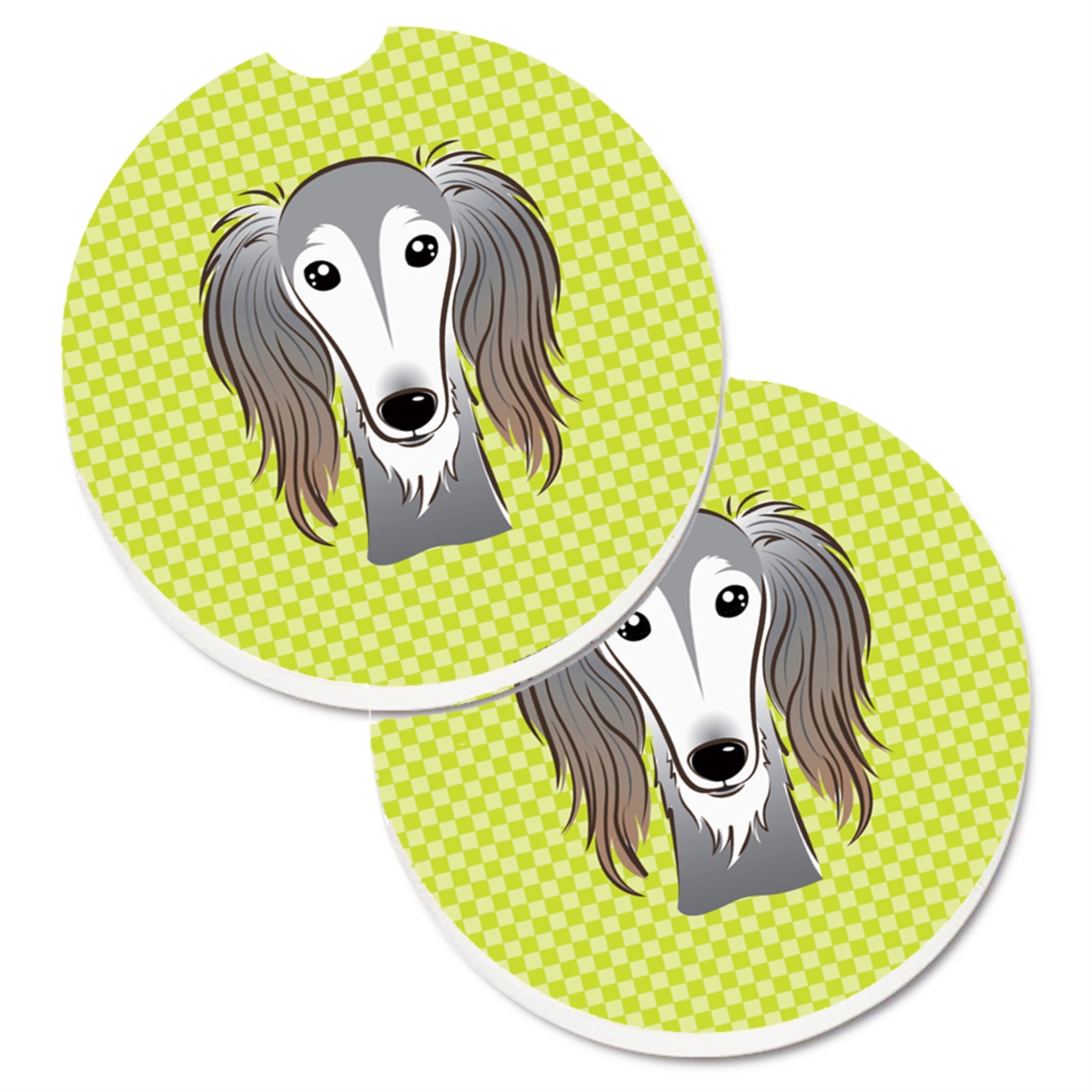 Caroline'S Treasures Checkerboard Lime Green Saluki Set Of 2 Cup Holder Car Coasters Bb1291Carc, 2.56, Multicolor