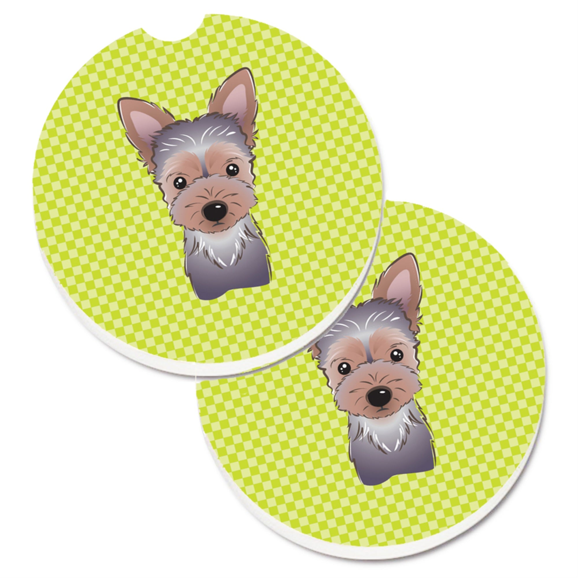 Caroline'S Treasures Checkerboard Lime Green Yorkie Puppy Set Of 2 Cup Holder Car Coasters Bb1294Carc, 2.56, Multicolor
