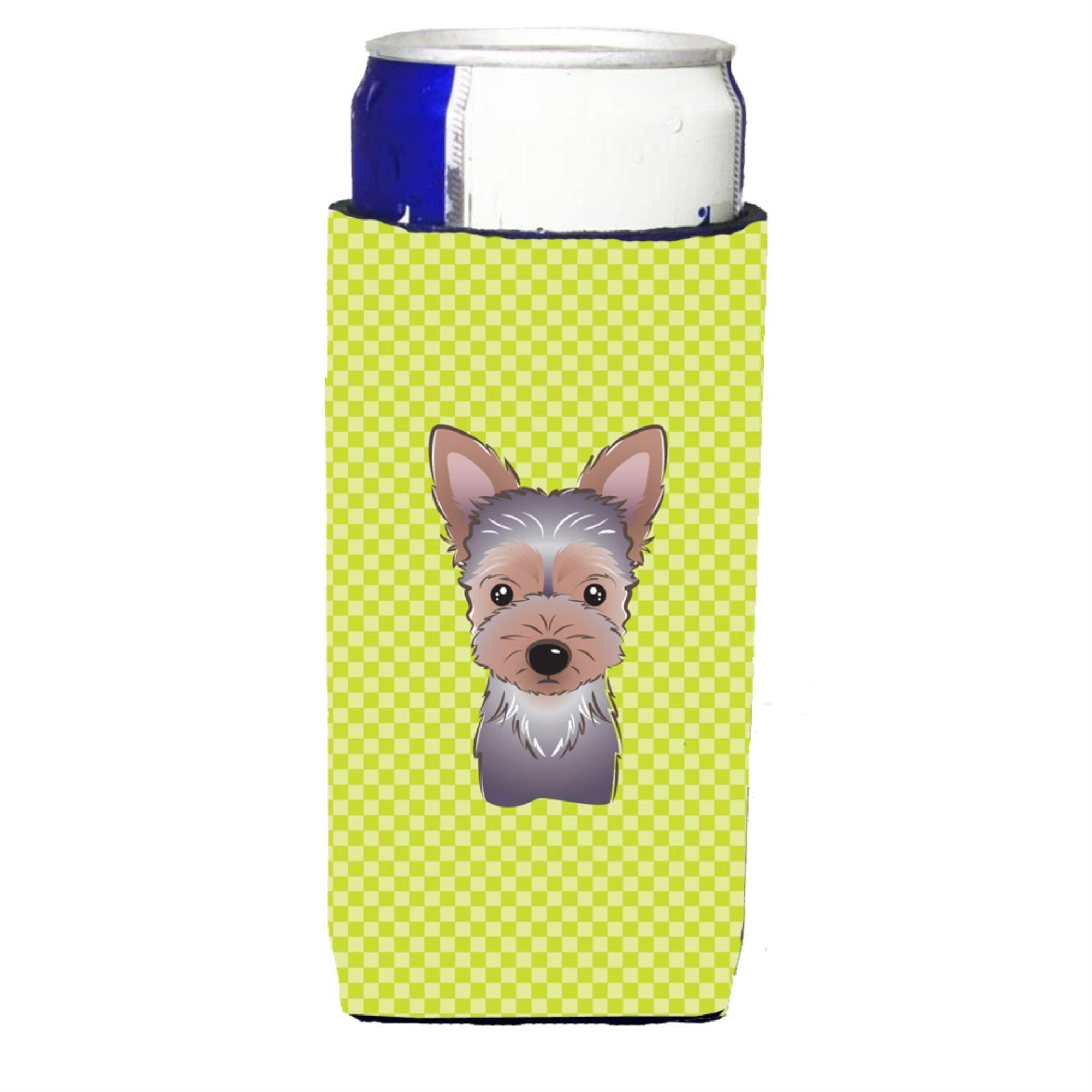 Checkerboard Lime Green Yorkie Puppy Ultra Beverage Insulators For Slim Cans