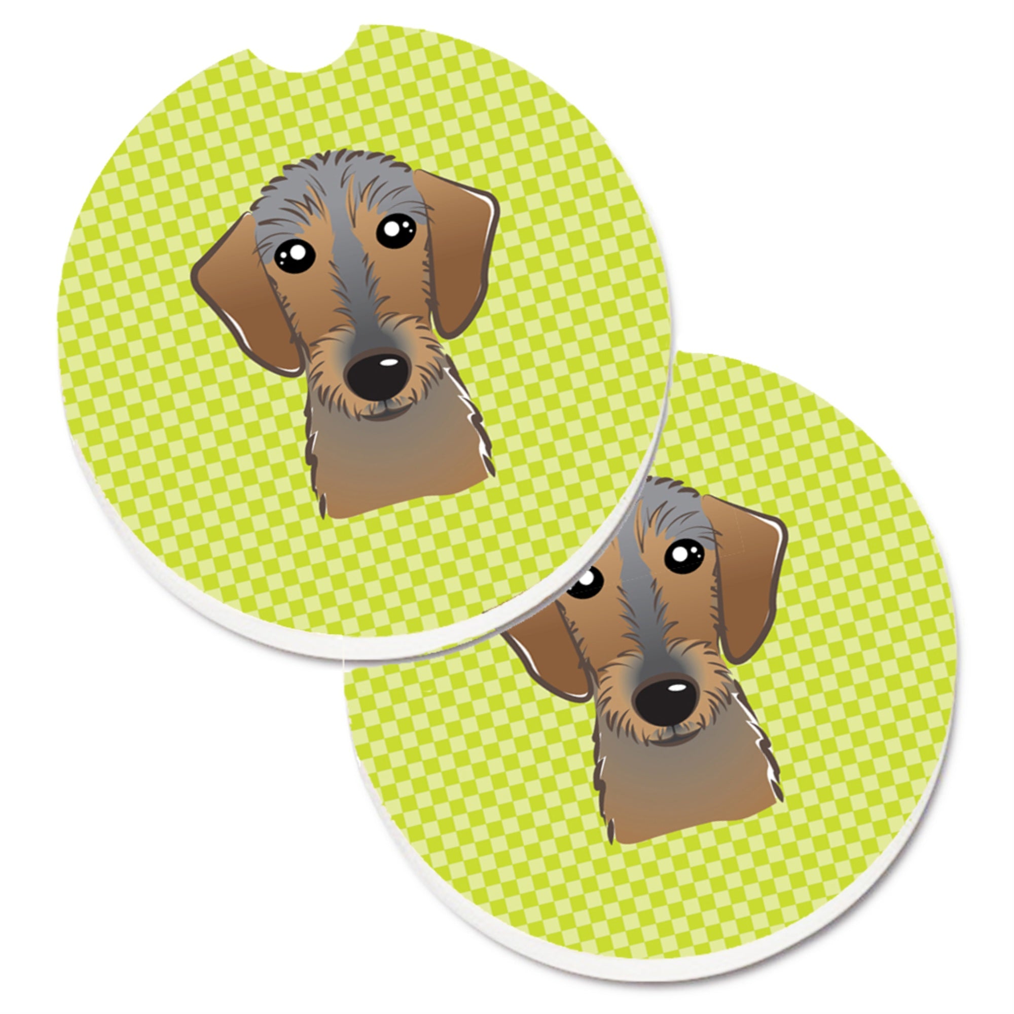Caroline'S Treasures Checkerboard Lime Green Wirehaired Dachshund Set Of 2 Cup Holder Car Coasters Bb1295Carc, 2.56, Multicolo