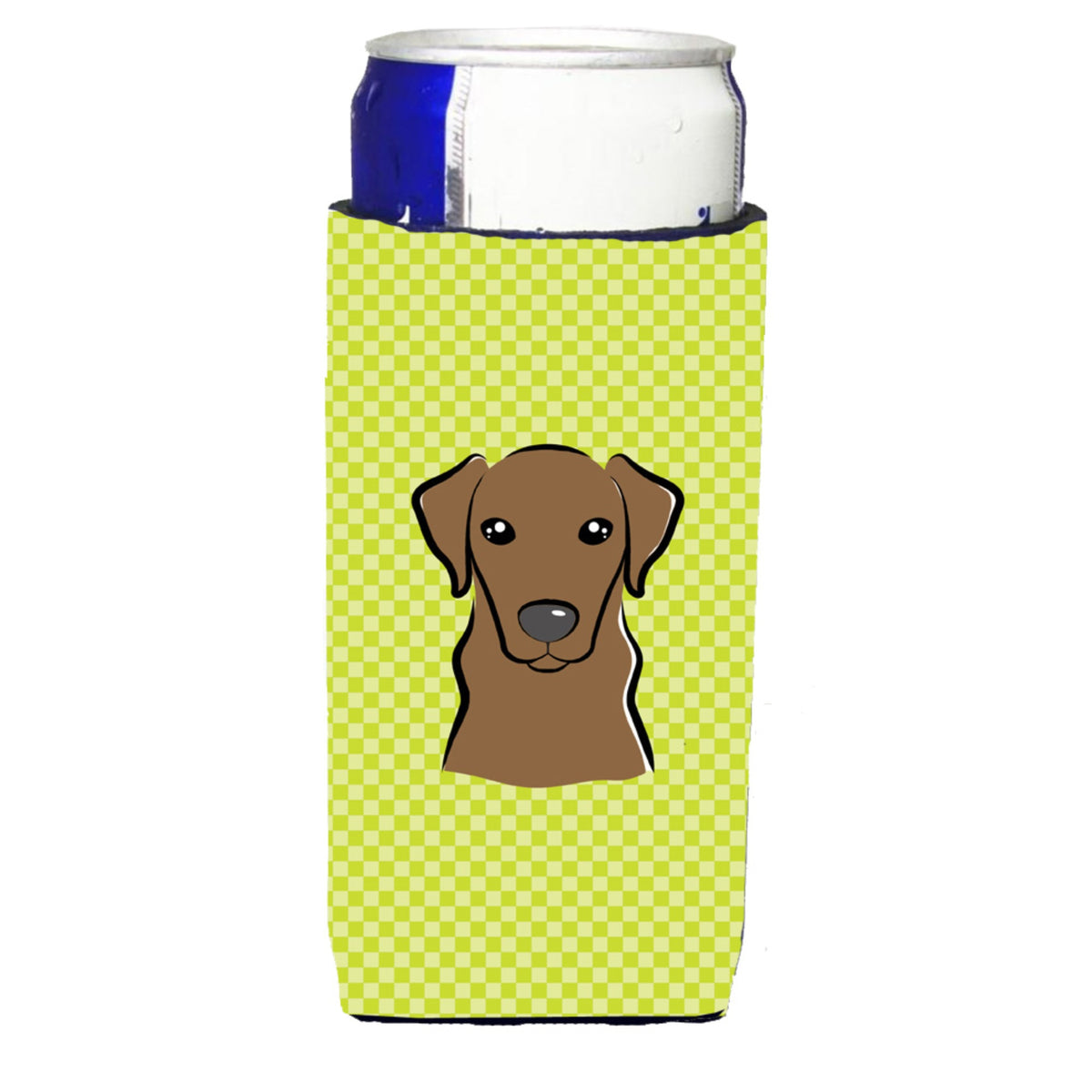 Checkerboard Lime Green Chocolate Labrador Ultra Beverage Insulators For Slim Cans