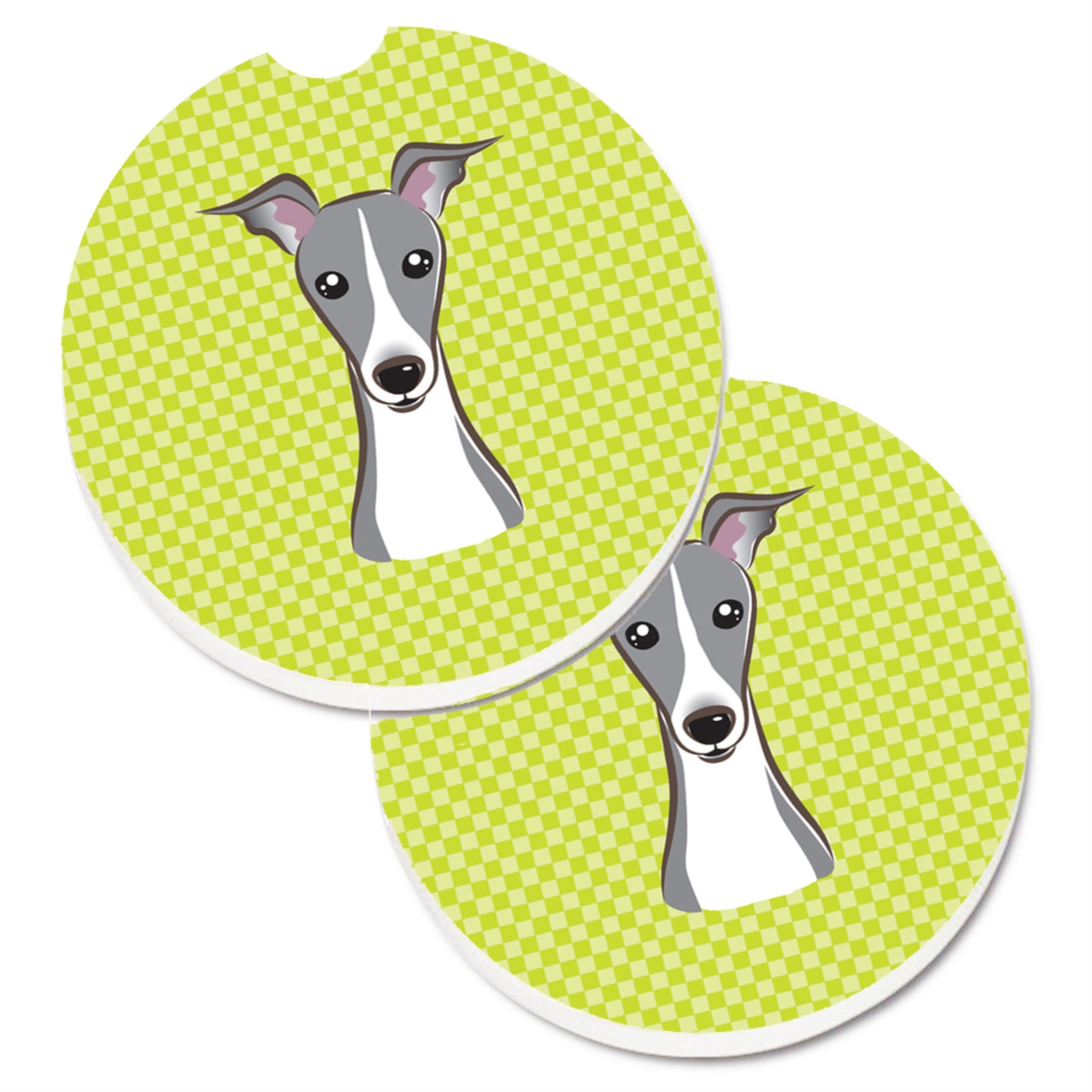 Caroline'S Treasures Checkerboard Lime Green Italian Greyhound Set Of 2 Cup Holder Car Coasters Bb1298Carc, 2.56, Multicolor