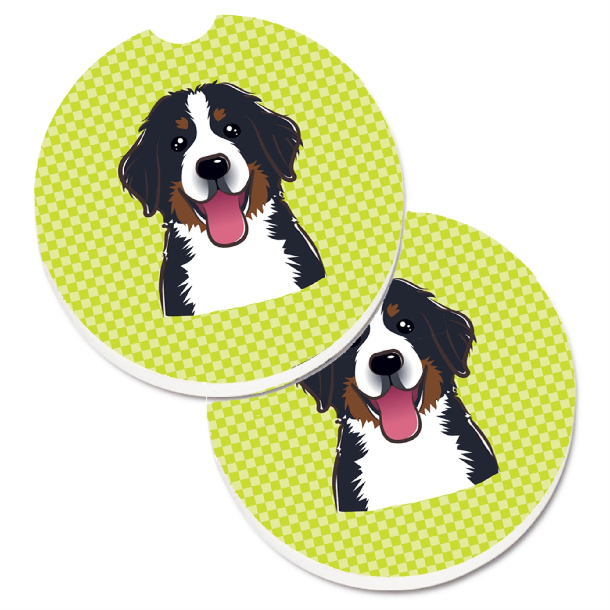 Caroline'S Treasures Checkerboard Lime Green Bernese Mountain Dog Set Of 2 Cup Holder Car Coasters Bb1299Carc, 2.56, Multicolo