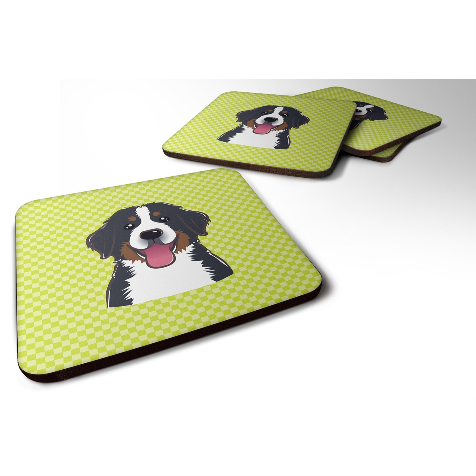 Caroline'S Treasures Bb1299Fc Checkerboard Lime Green Bernese Mountain Dog Foam Coaster (Set Of 4), 3.5 H X 3.5 W, Mul