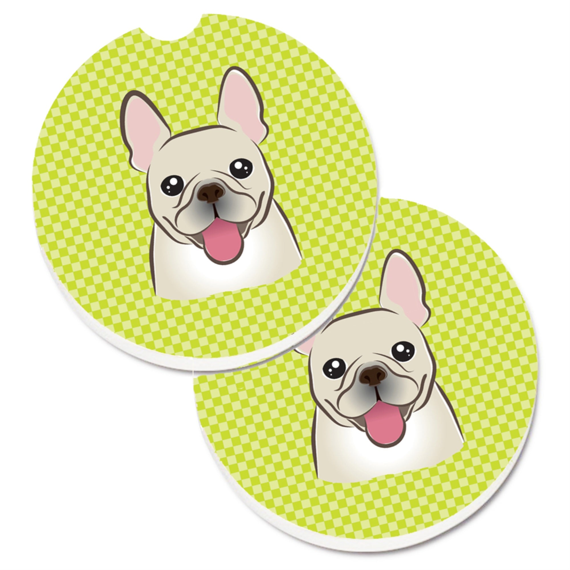 Caroline'S Treasures Checkerboard Lime Green French Bulldog Set Of 2 Cup Holder Car Coasters Bb1300Carc, 2.56, Multicolor