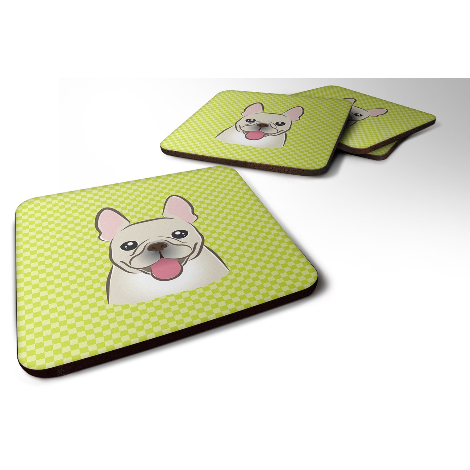 Caroline'S Treasures Bb1300Fc Checkerboard Lime Green French Bulldog Foam Coaster (Set Of 4), 3.5 H X 3.5 W, Multicolo