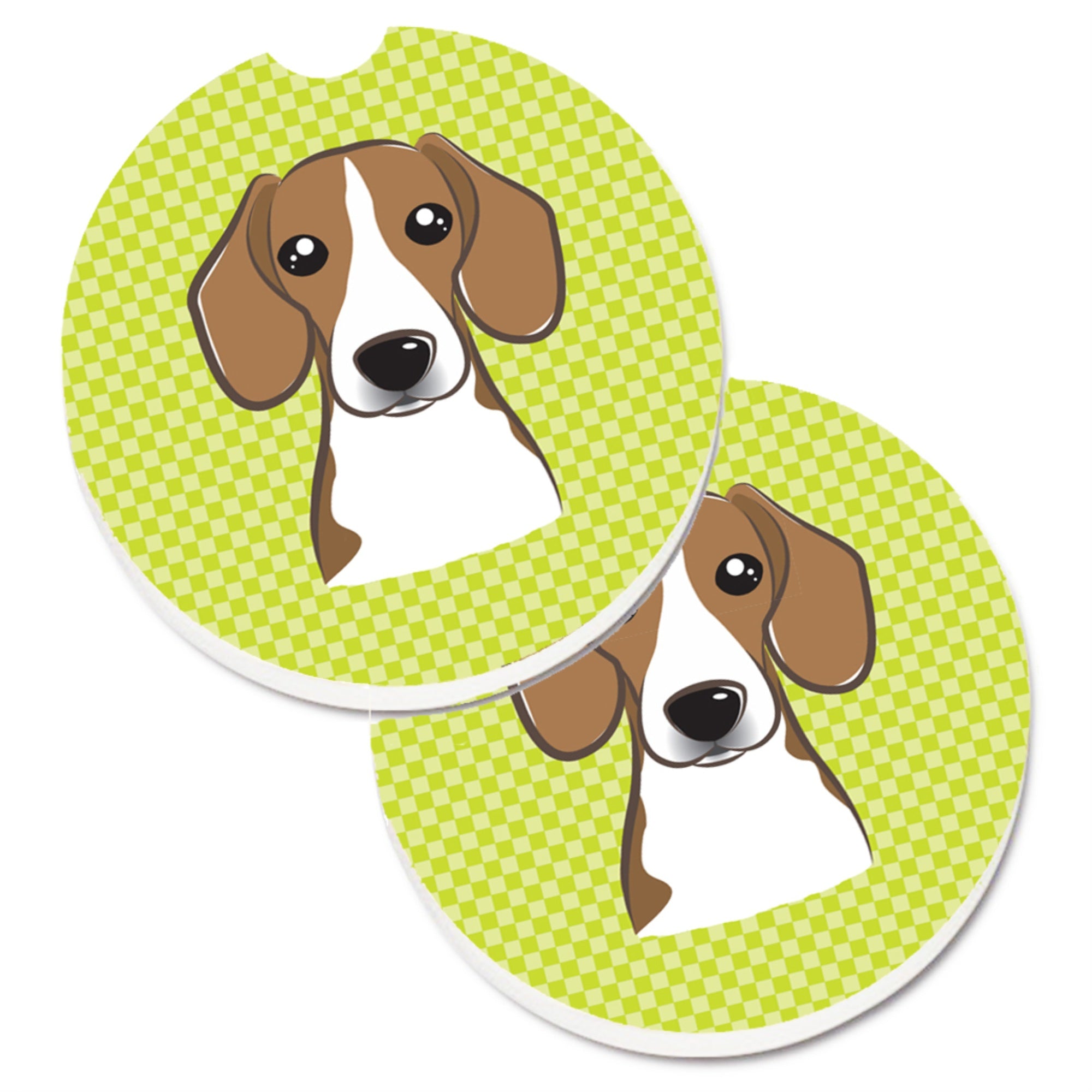 Caroline'S Treasures Checkerboard Lime Green Beagle Set Of 2 Cup Holder Car Coasters Bb1301Carc, 2.56, Multicolor