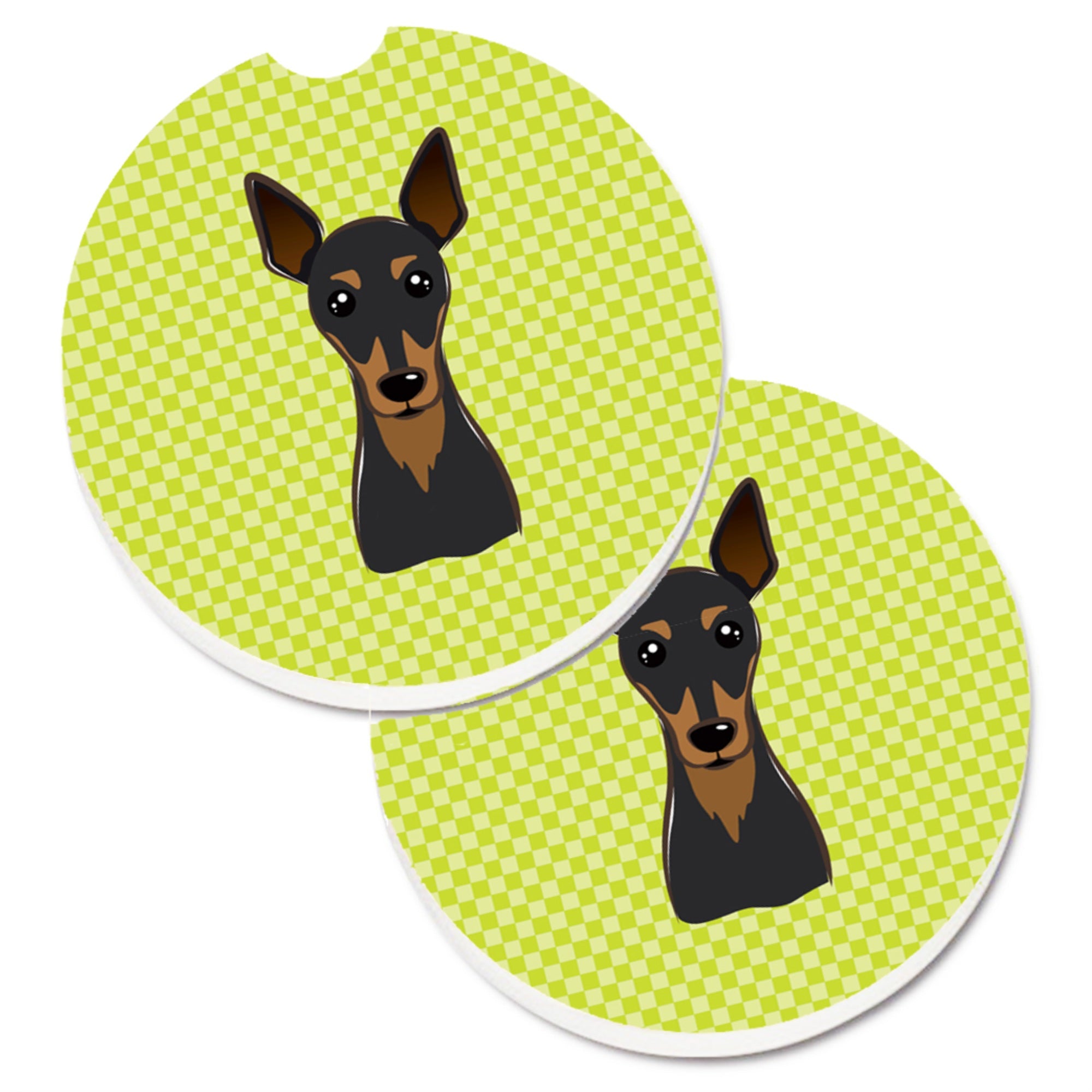 Caroline'S Treasures Checkerboard Lime Green Min Pin Set Of 2 Cup Holder Car Coasters Bb1302Carc, 2.56, Multicolor