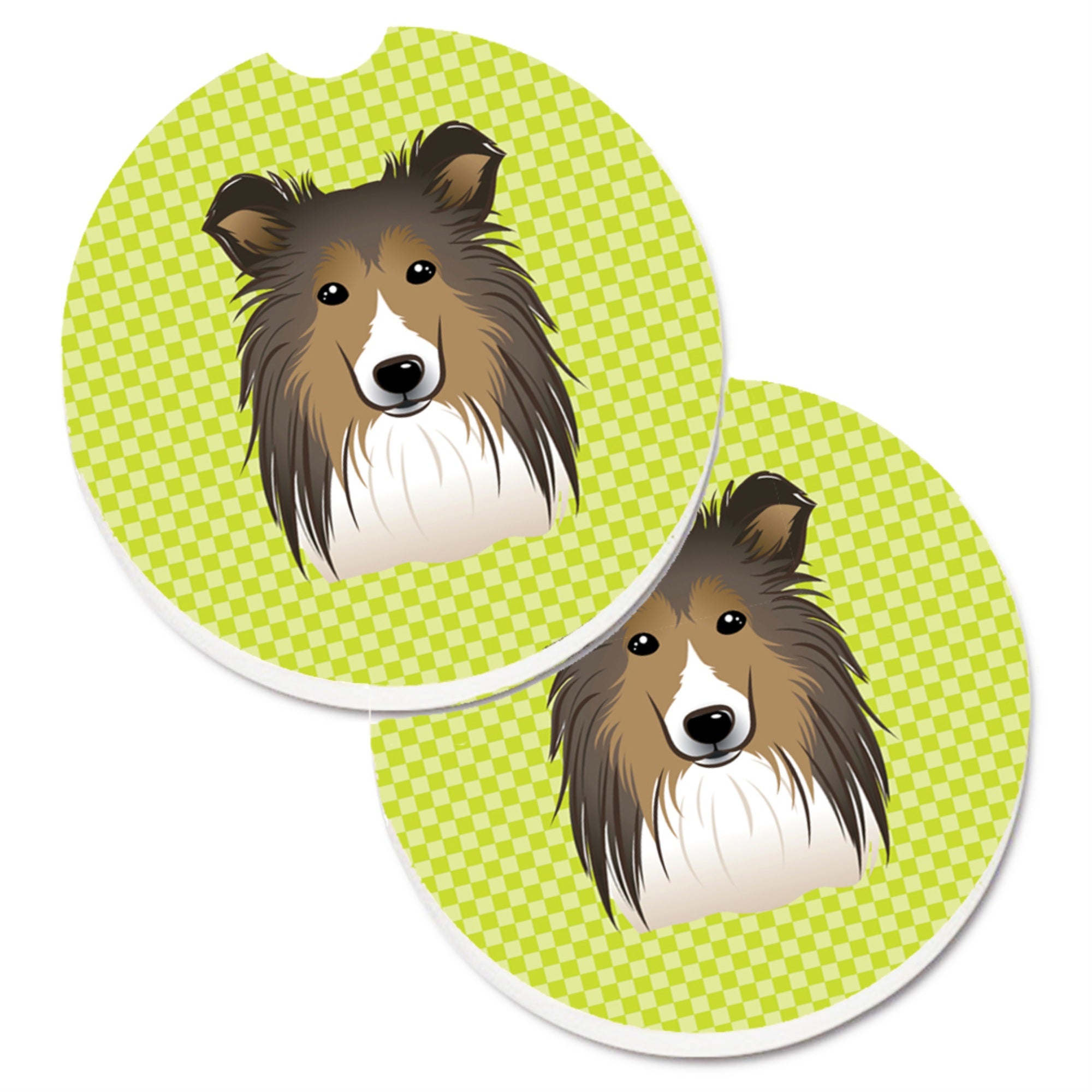 Caroline'S Treasures Checkerboard Lime Green Sheltie Set Of 2 Cup Holder Car Coasters Bb1304Carc, 2.56, Multicolor